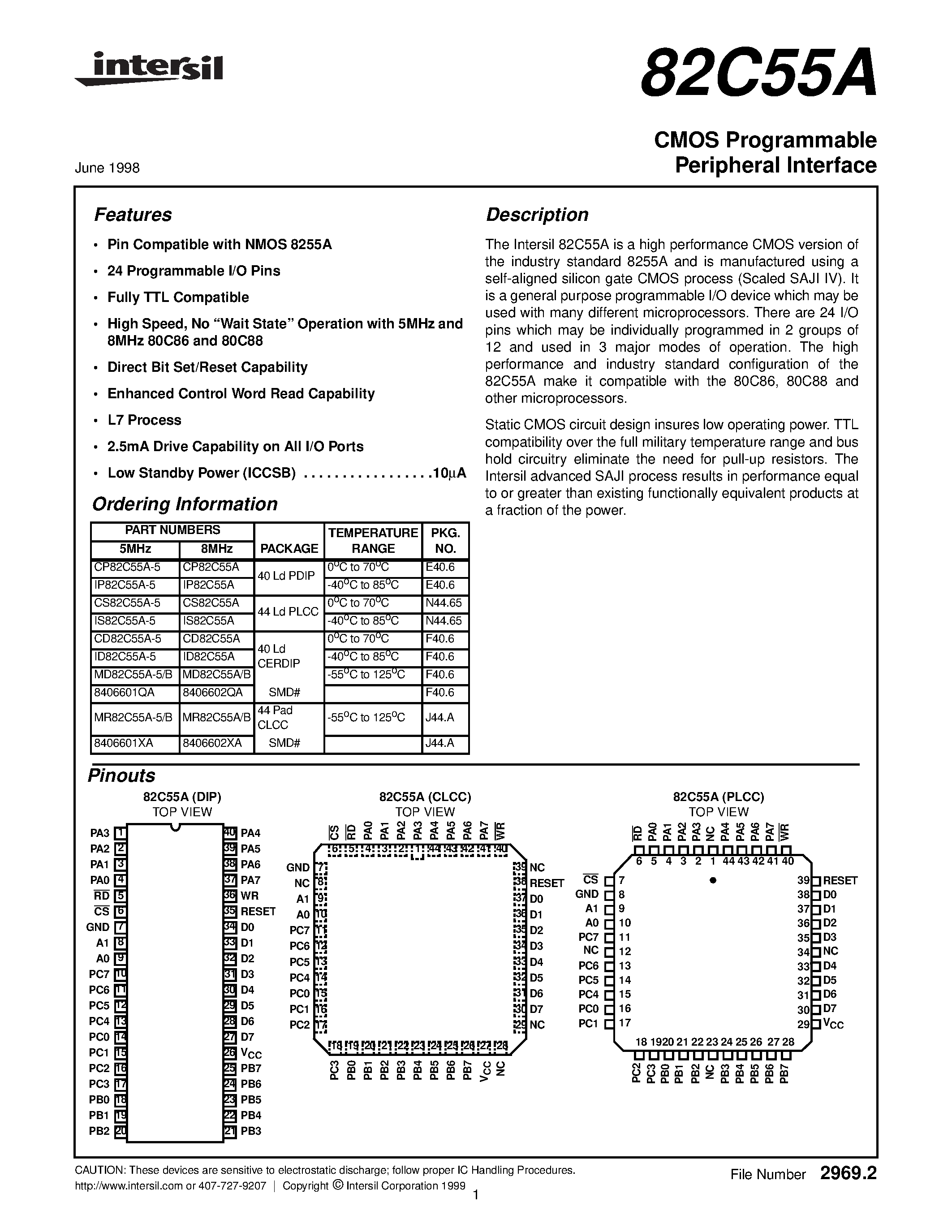 Datasheet CD82C55A-5 - CMOS Programmable Peripheral Interface page 1