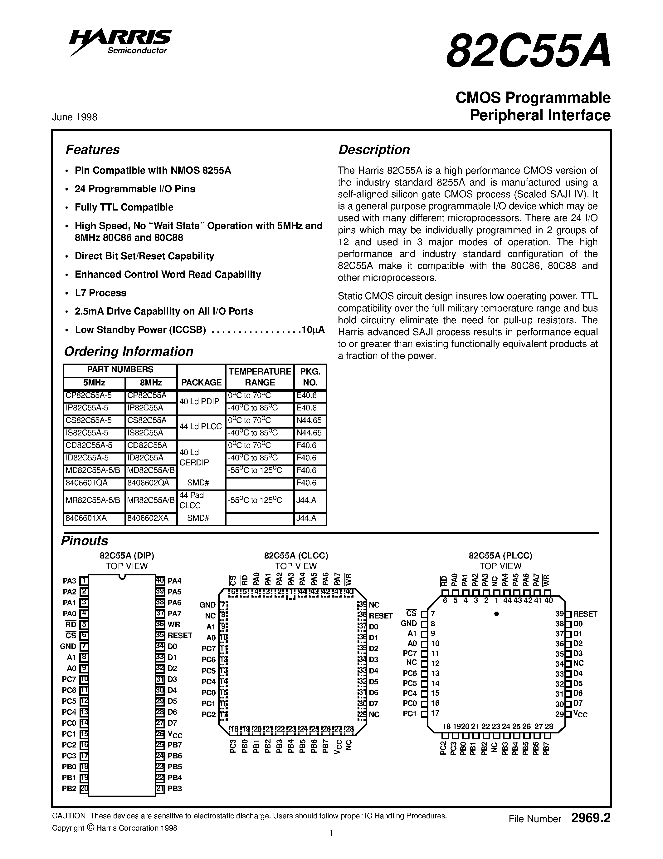 Datasheet CD82C55A-5 - CMOS Programmable Peripheral Interface page 1
