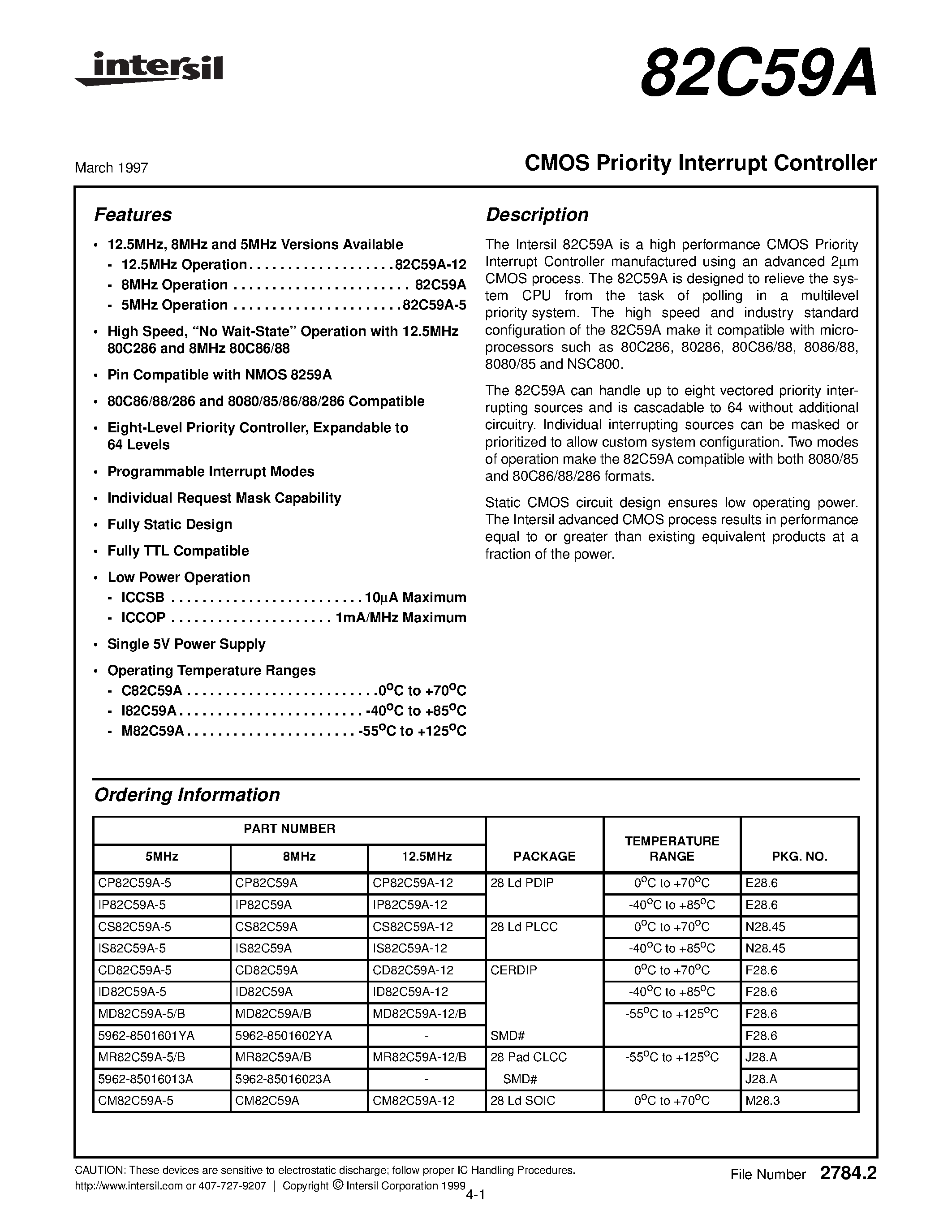 Datasheet CD82C59A-5 - CMOS Priority Interrupt Controller page 1