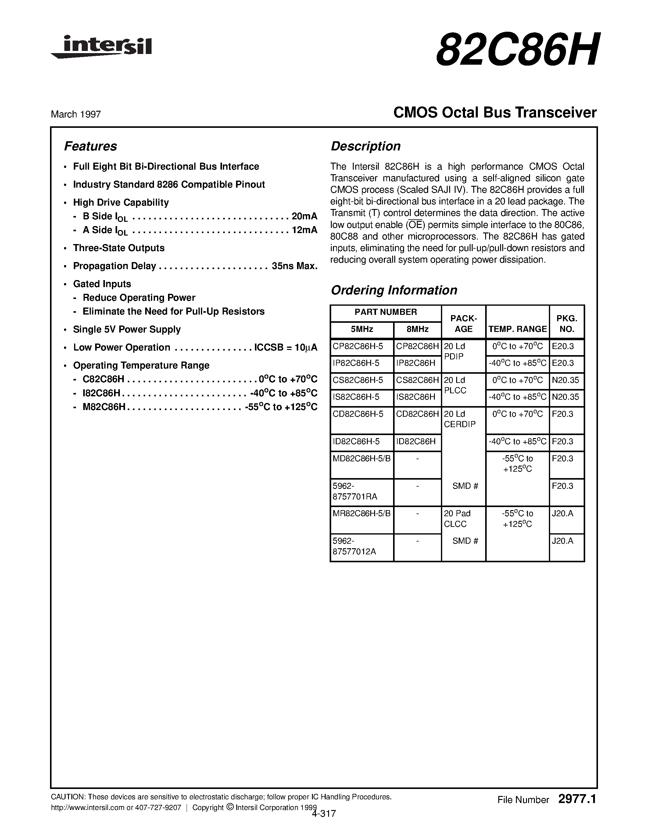 Datasheet CD82C86H-5 - CMOS Octal Bus Transceiver page 1