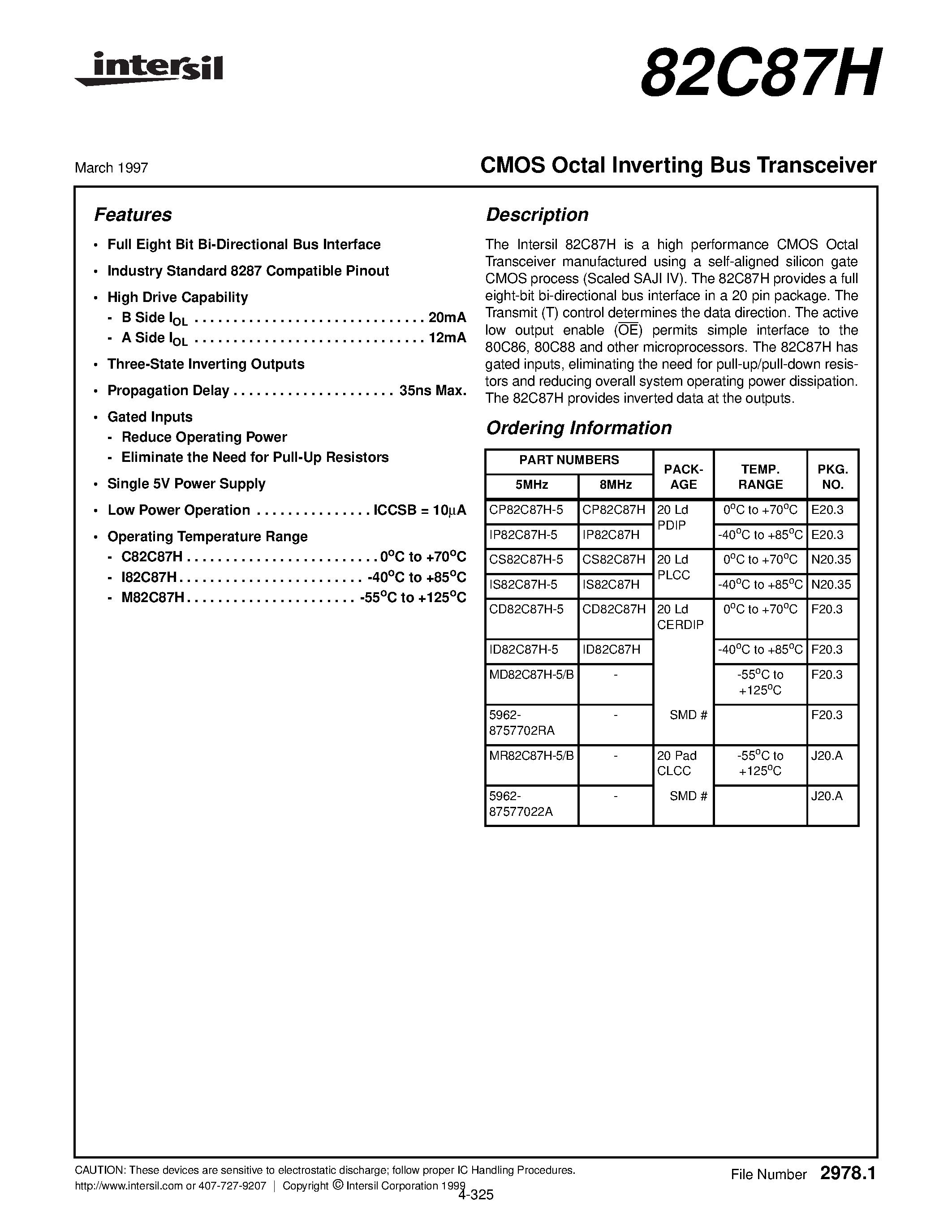 Datasheet CD82C87H-5 - CMOS Octal Inverting Bus Transceiver page 1