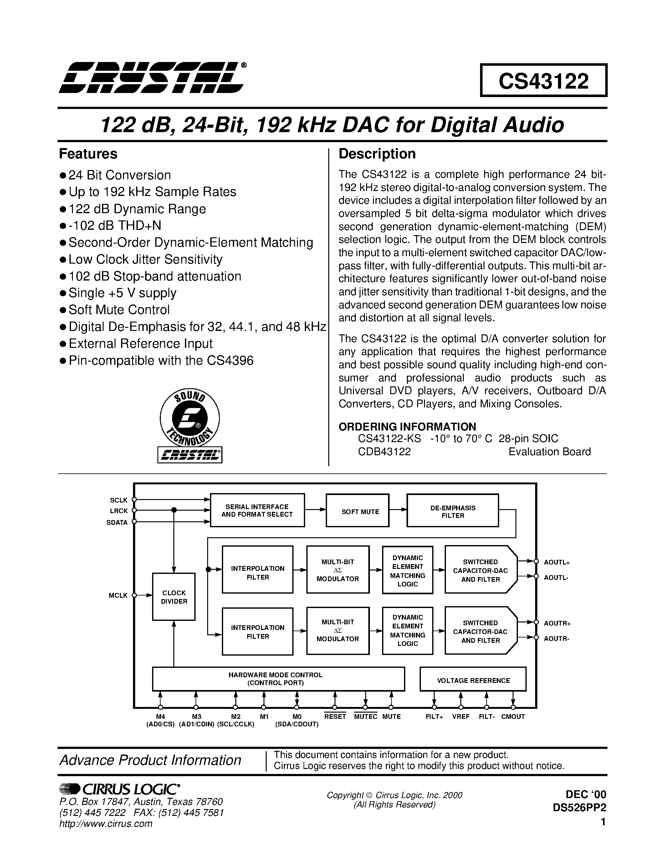 Datasheet CDB43122 - 122dB/ 24-Bit/ 192kHz DAC for Digital Audio page 1