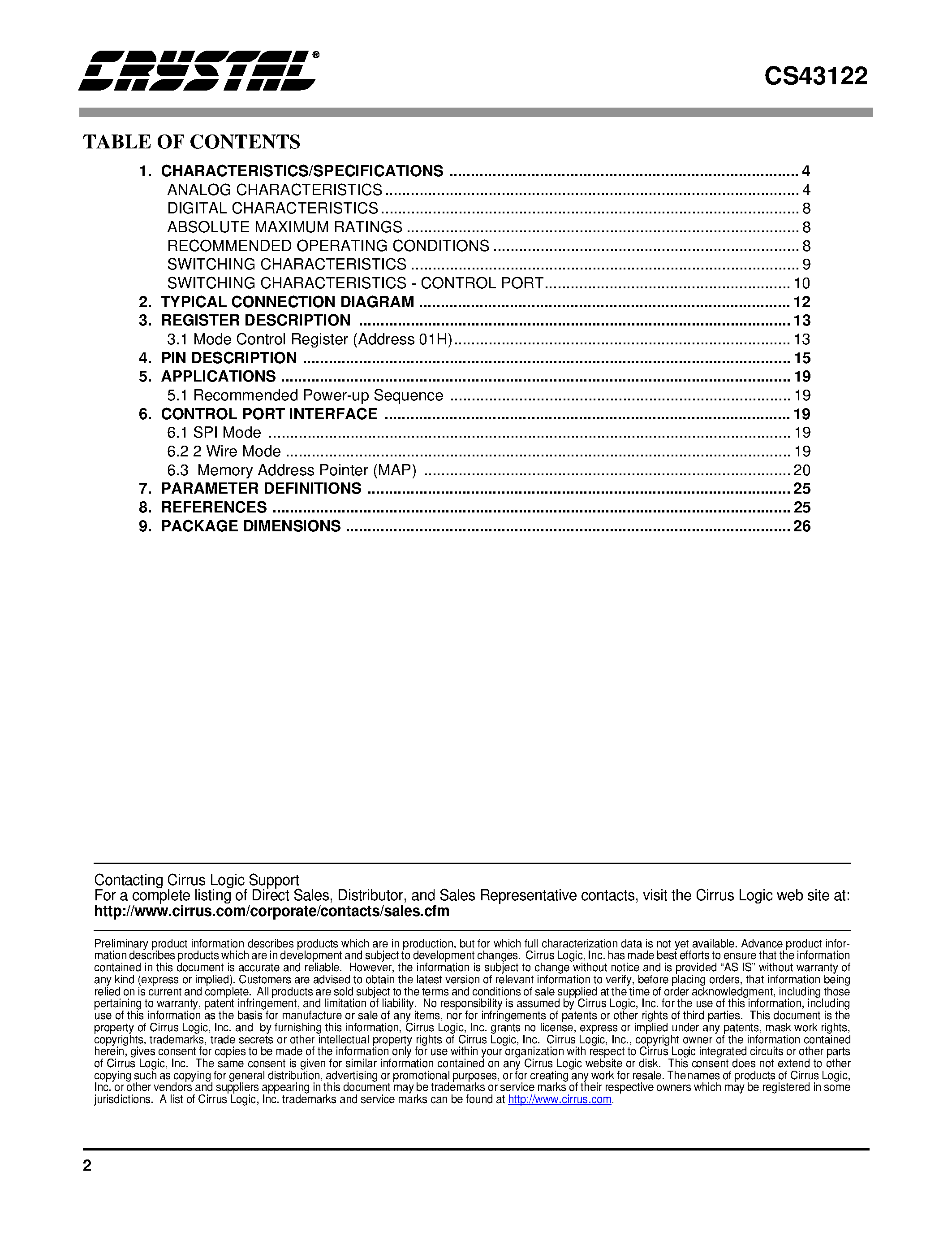 Datasheet CDB43122 - 122dB/ 24-Bit/ 192kHz DAC for Digital Audio page 2