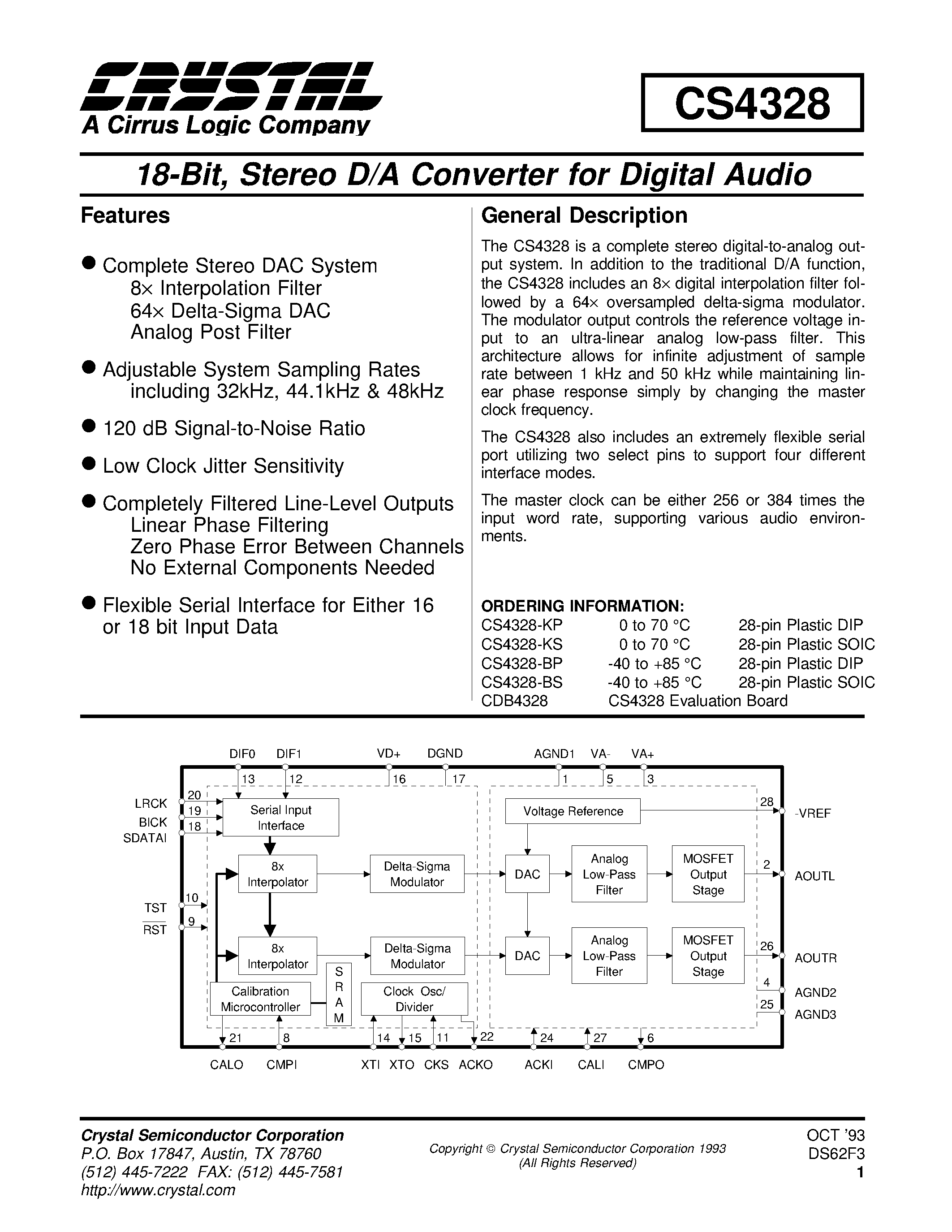 Datasheet CDB4328 - 18-Bit/ Stereo D/A Converter for Digital Audio page 1