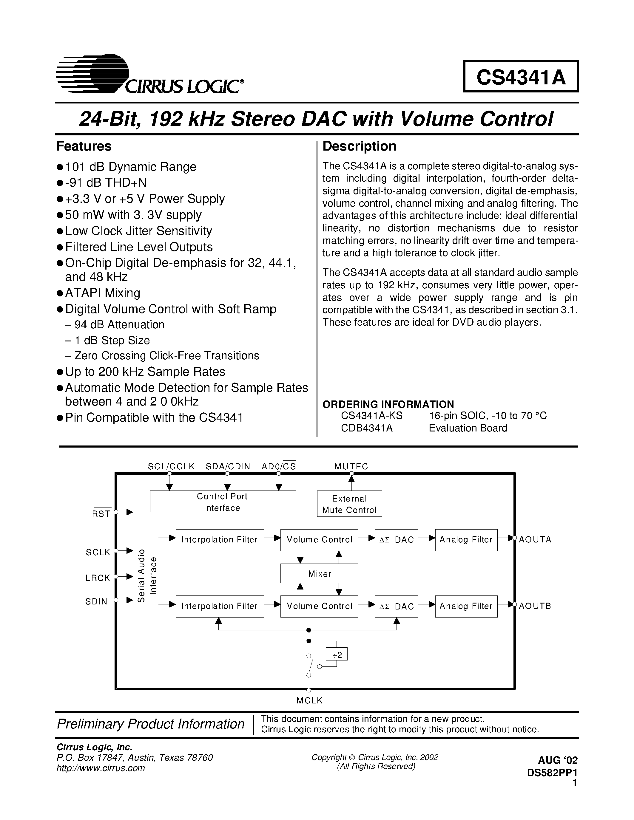 Даташит CDB4341A - 24-Bit/ 192 kHz Stereo DAC with Volume Control страница 1