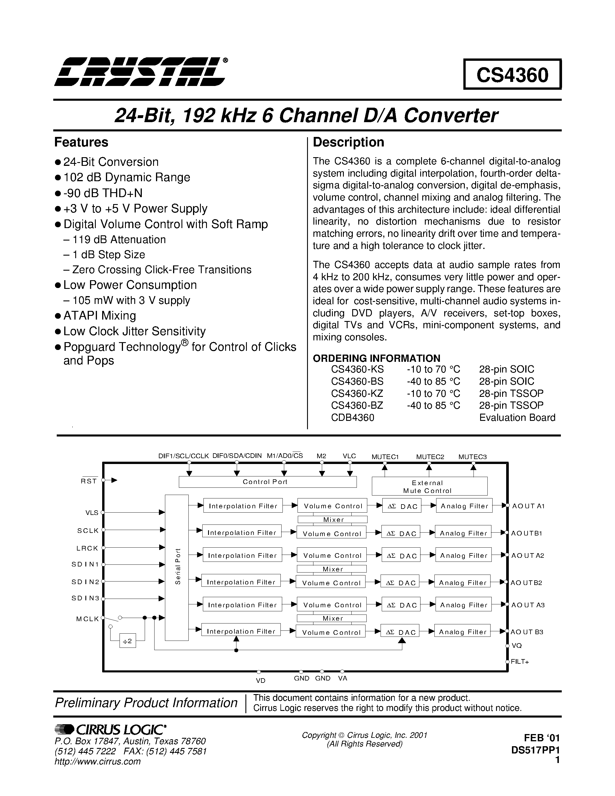 Datasheet CDB4360 - 24-Bit/ 192 kHz 6 Channel D/A Converter page 1