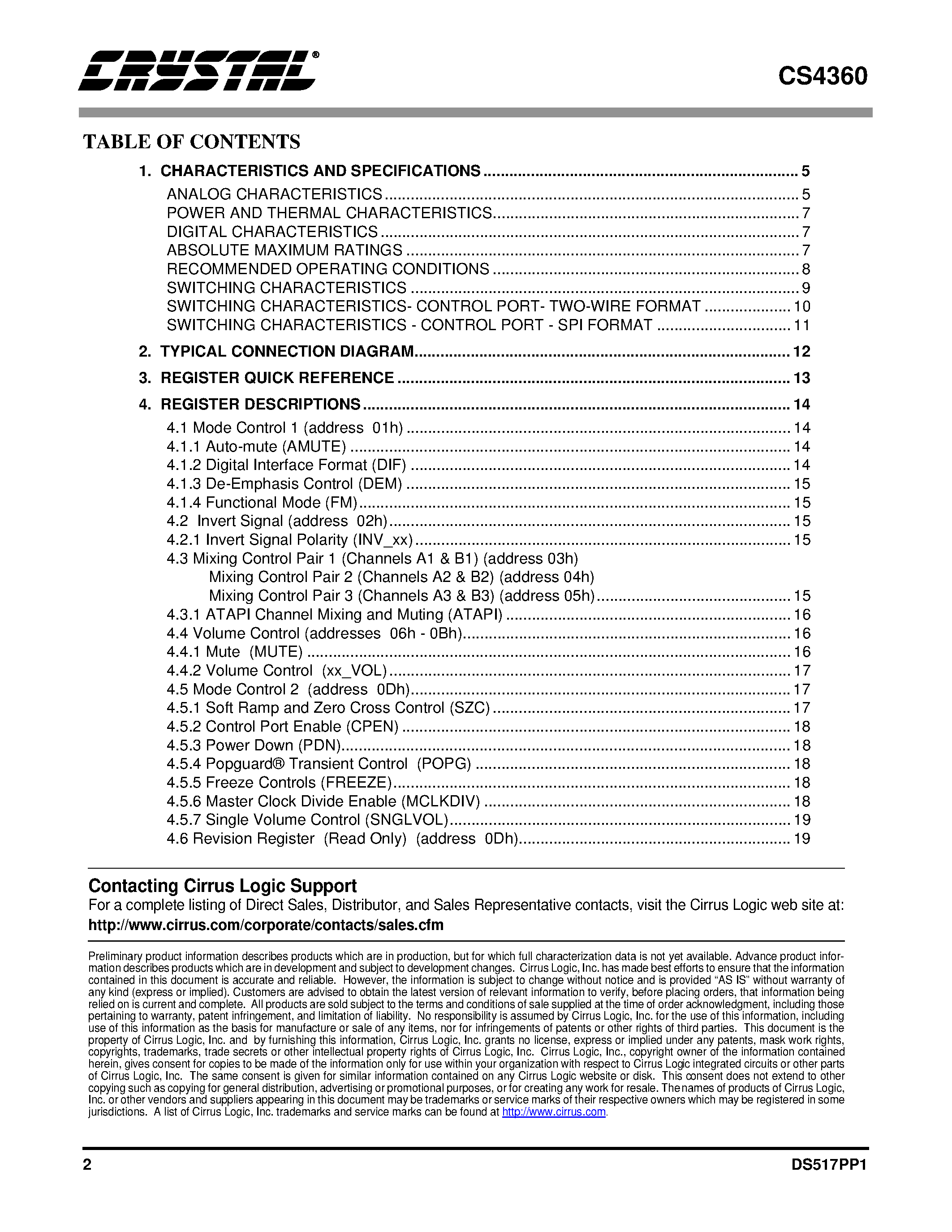 Datasheet CDB4360 - 24-Bit/ 192 kHz 6 Channel D/A Converter page 2