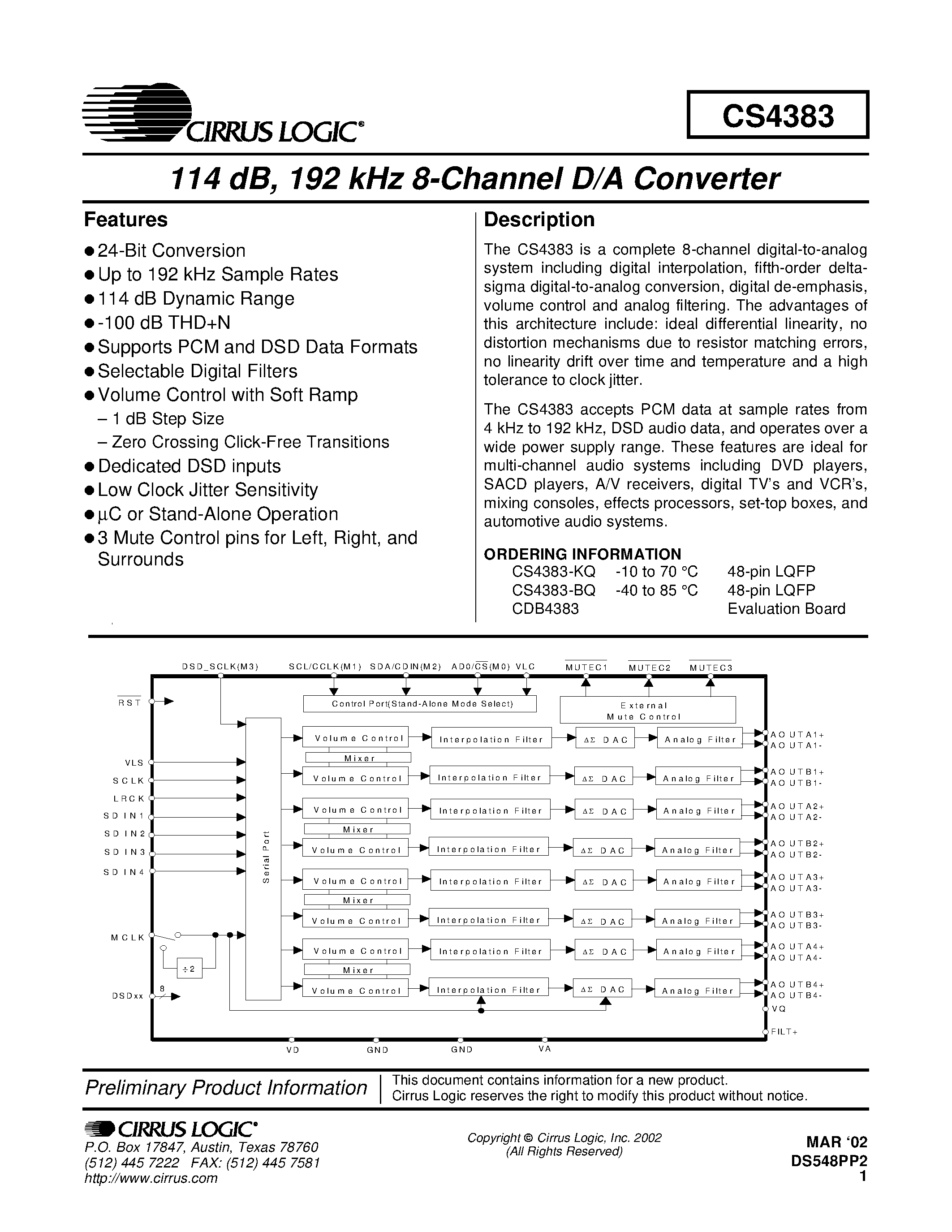 Datasheet CDB4383 - 114 dB/ 192 kHz 8-Channel D/A Converter page 1