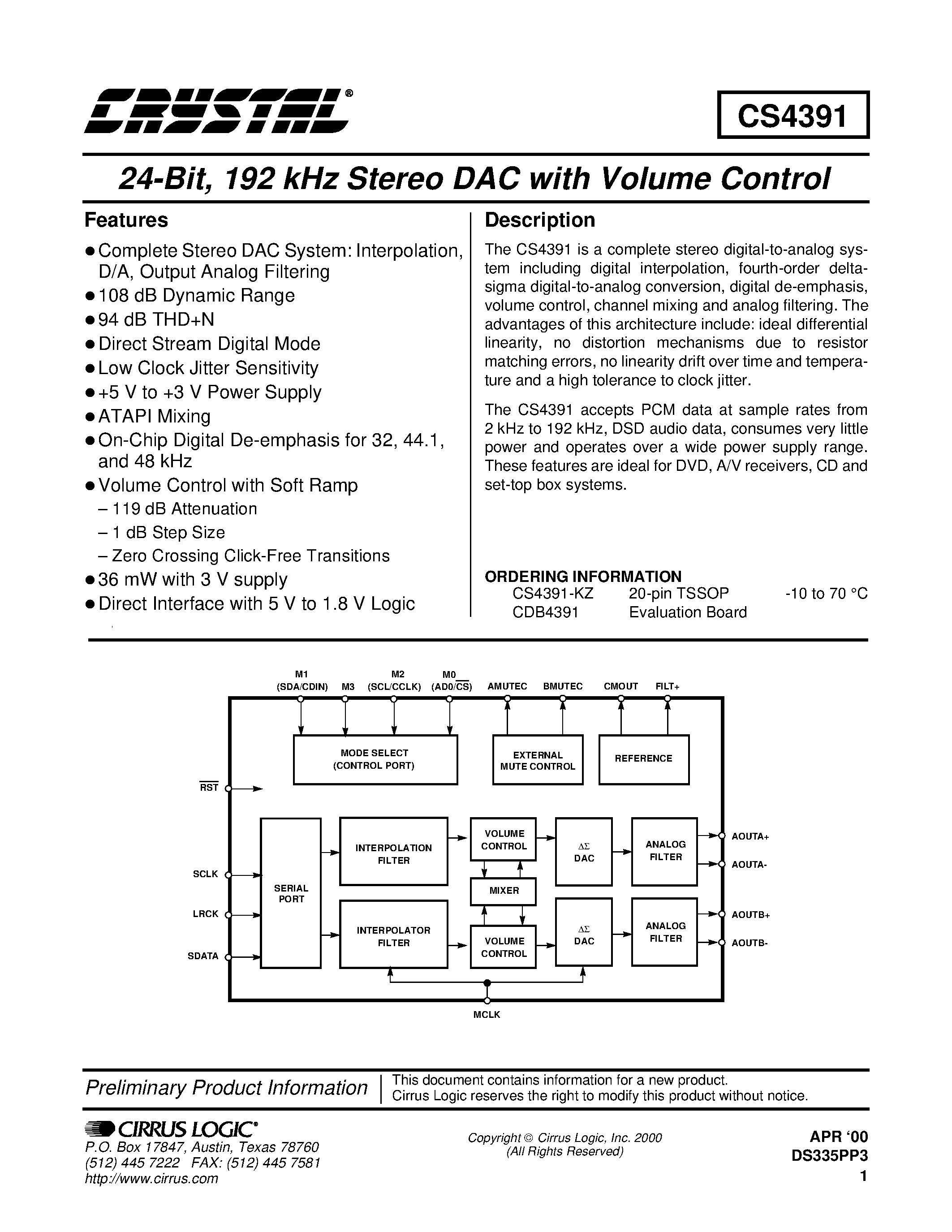 Даташит CDB4391 - 24-Bit/ 192 kHz Stereo DAC with Volume Control страница 1