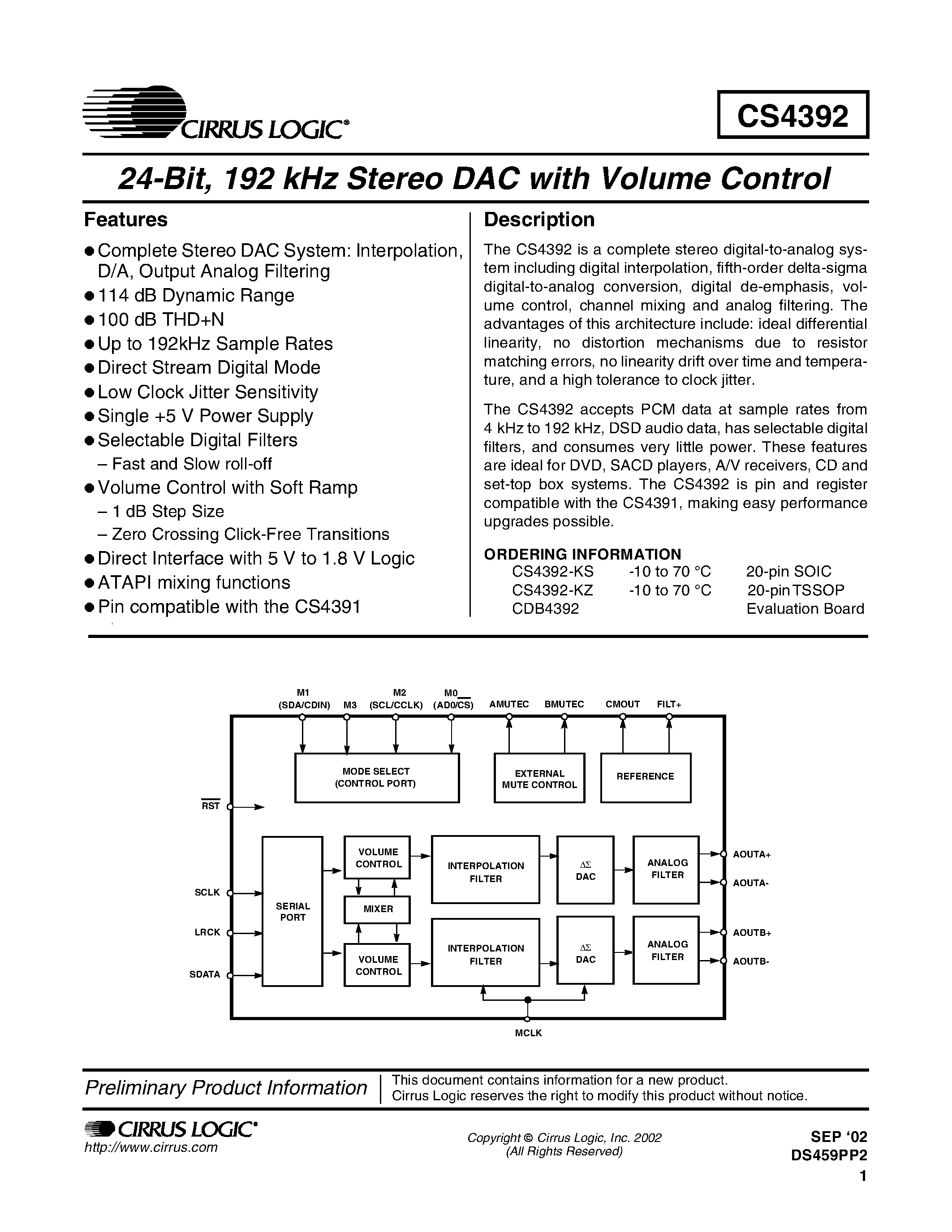 Даташит CDB4392 - 24-Bit/ 192 kHz Stereo DAC with Volume Control страница 1