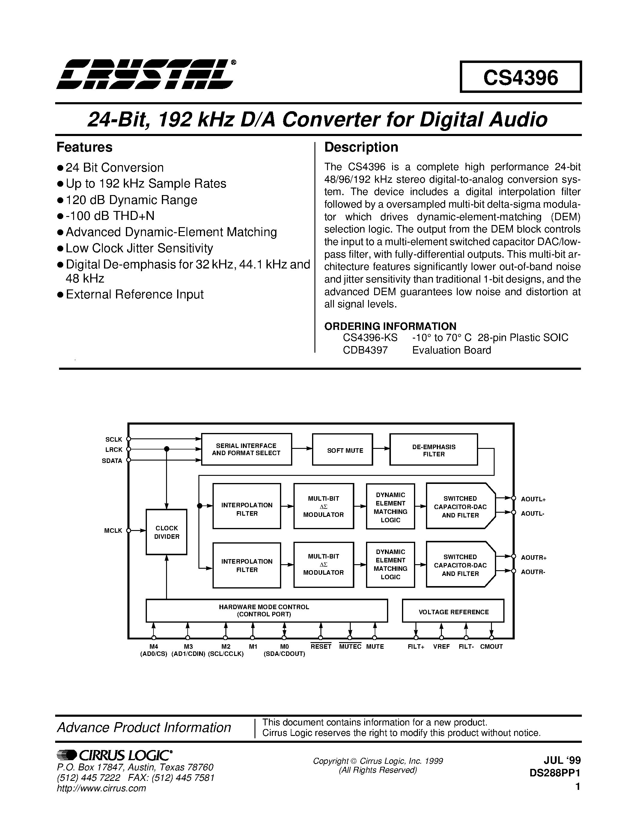Datasheet CDB4396 - 24-Bit/ 192 kHz D/A Converter for Digital Audio page 1