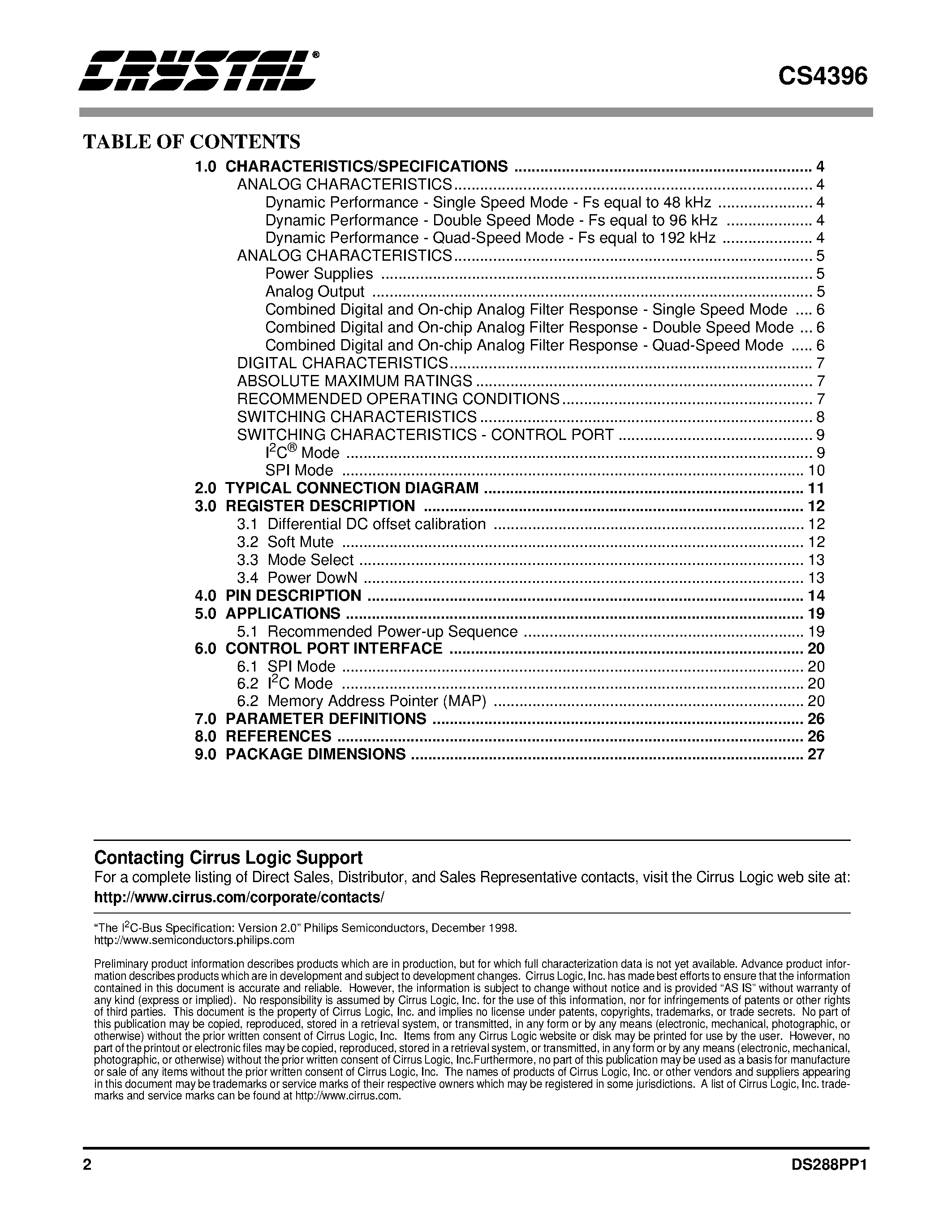 Datasheet CDB4396 - 24-Bit/ 192 kHz D/A Converter for Digital Audio page 2