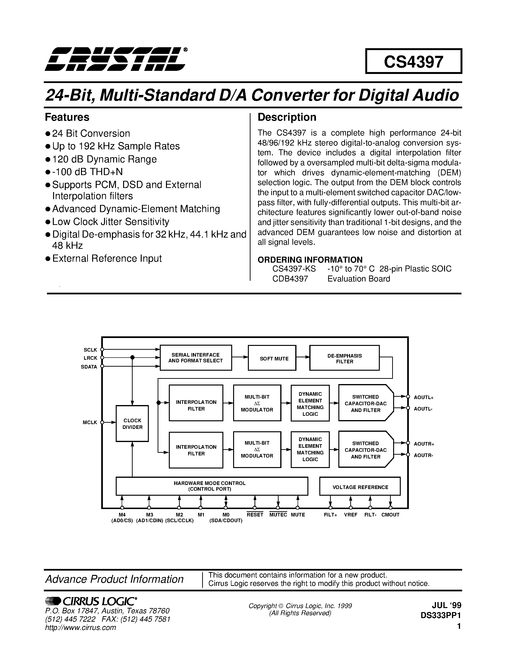 Datasheet CDB4397 - 24-Bit/ Multi-Standard D/A Converter for Digital Audio page 1
