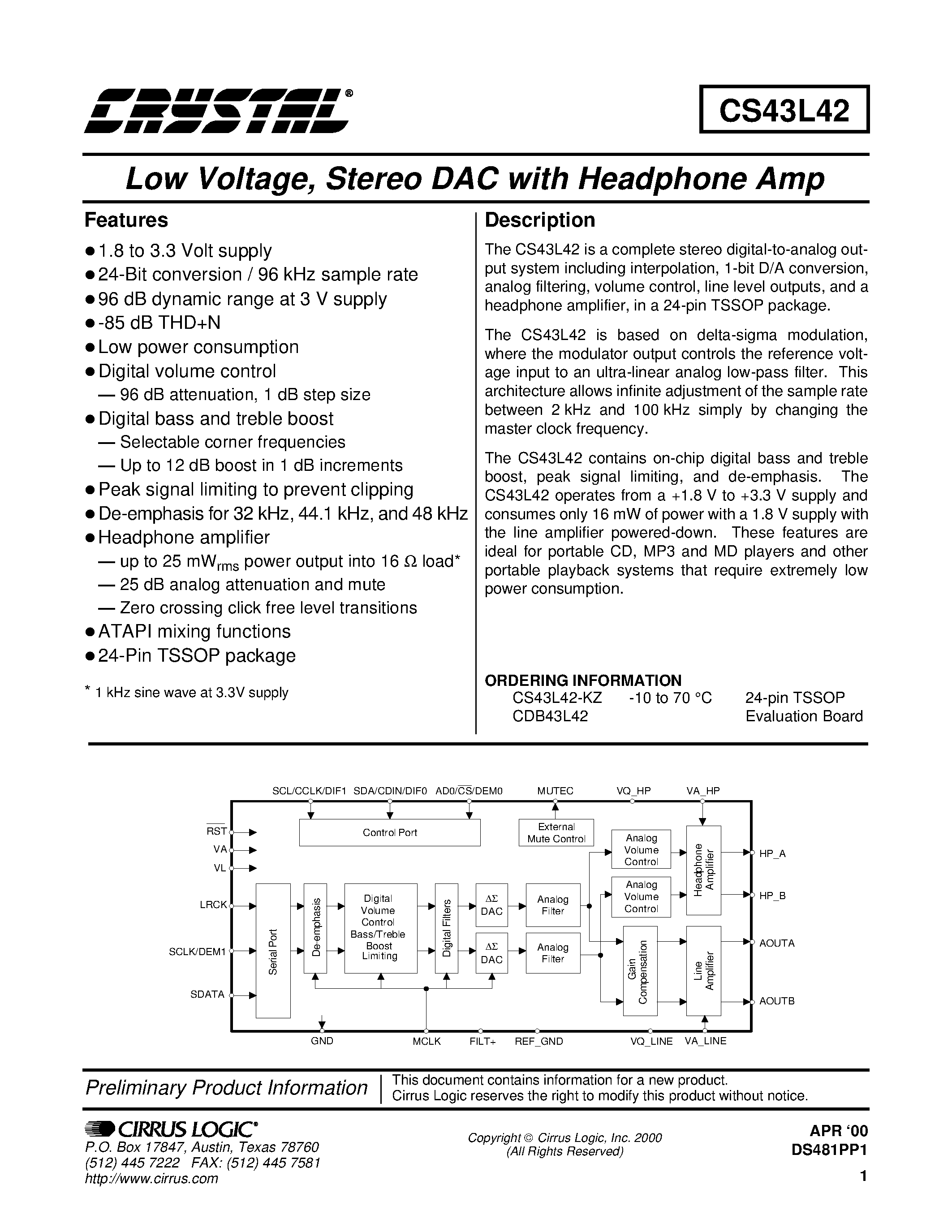 Даташит CDB43L42 - Low Voltage/Stereo DAC With Headphone Amp страница 1