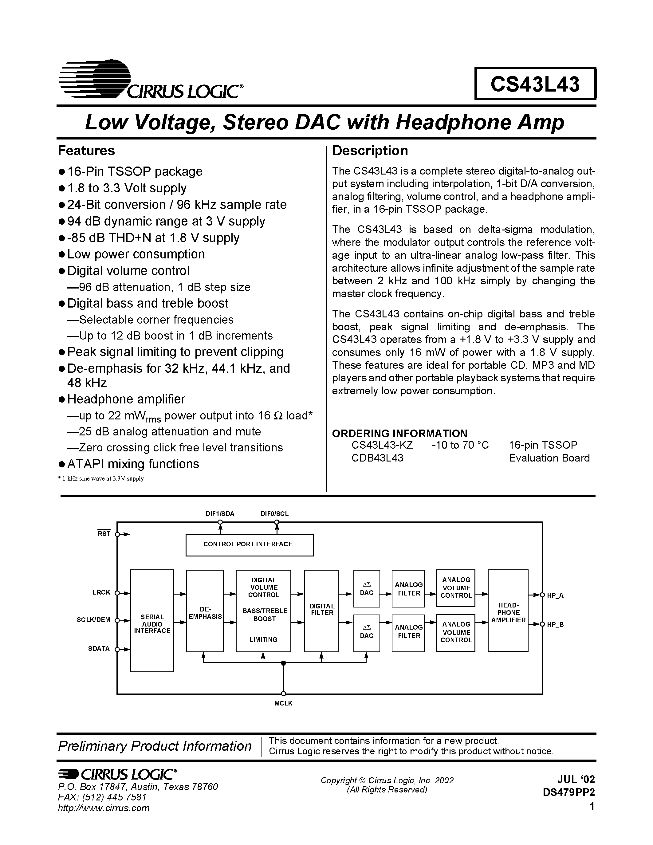 Даташит CDB43L43 - Low Voltage/Stereo DAC With Headphone Amp страница 1