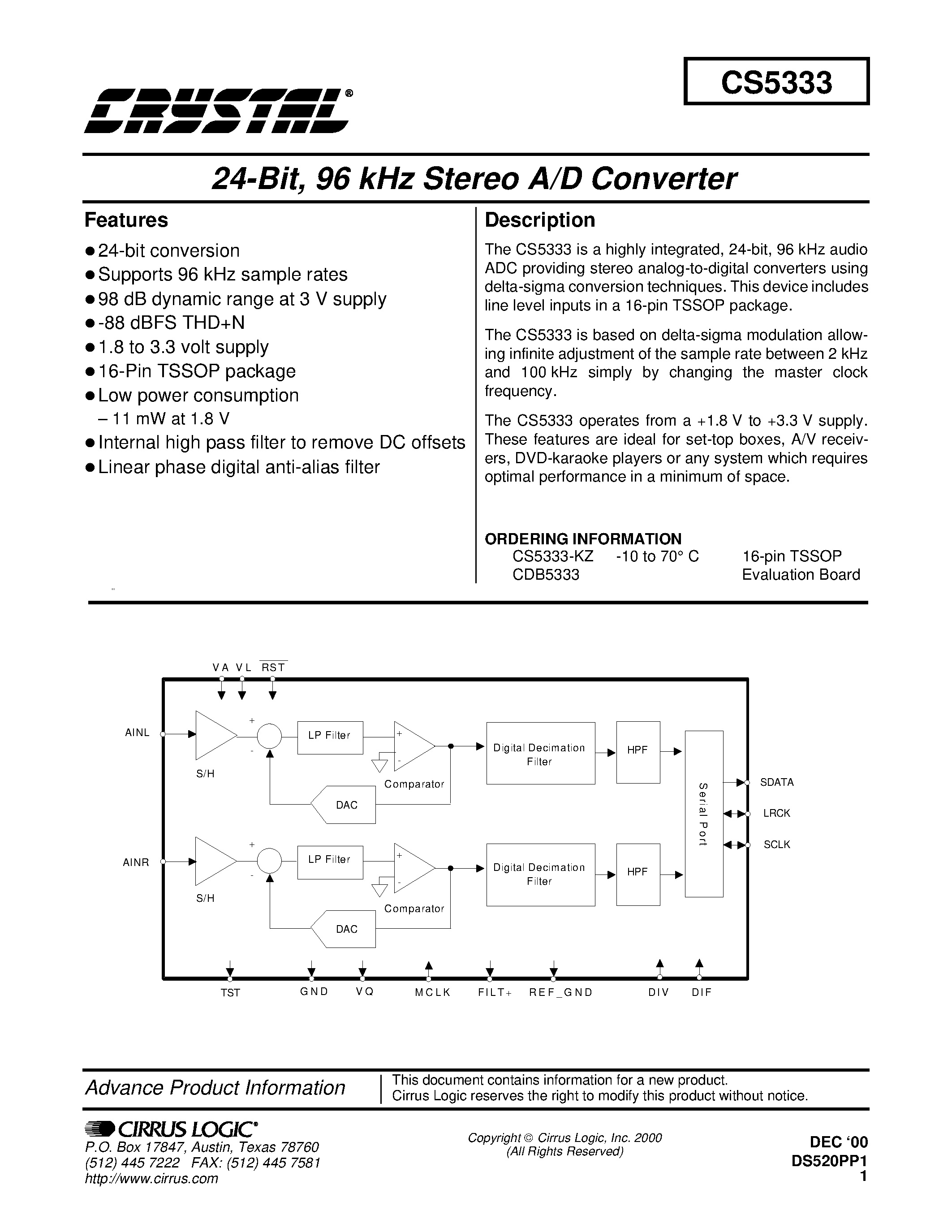 Datasheet CDB5333 - 24-Bit/ 96 kHz Stereo A/D Converter page 1