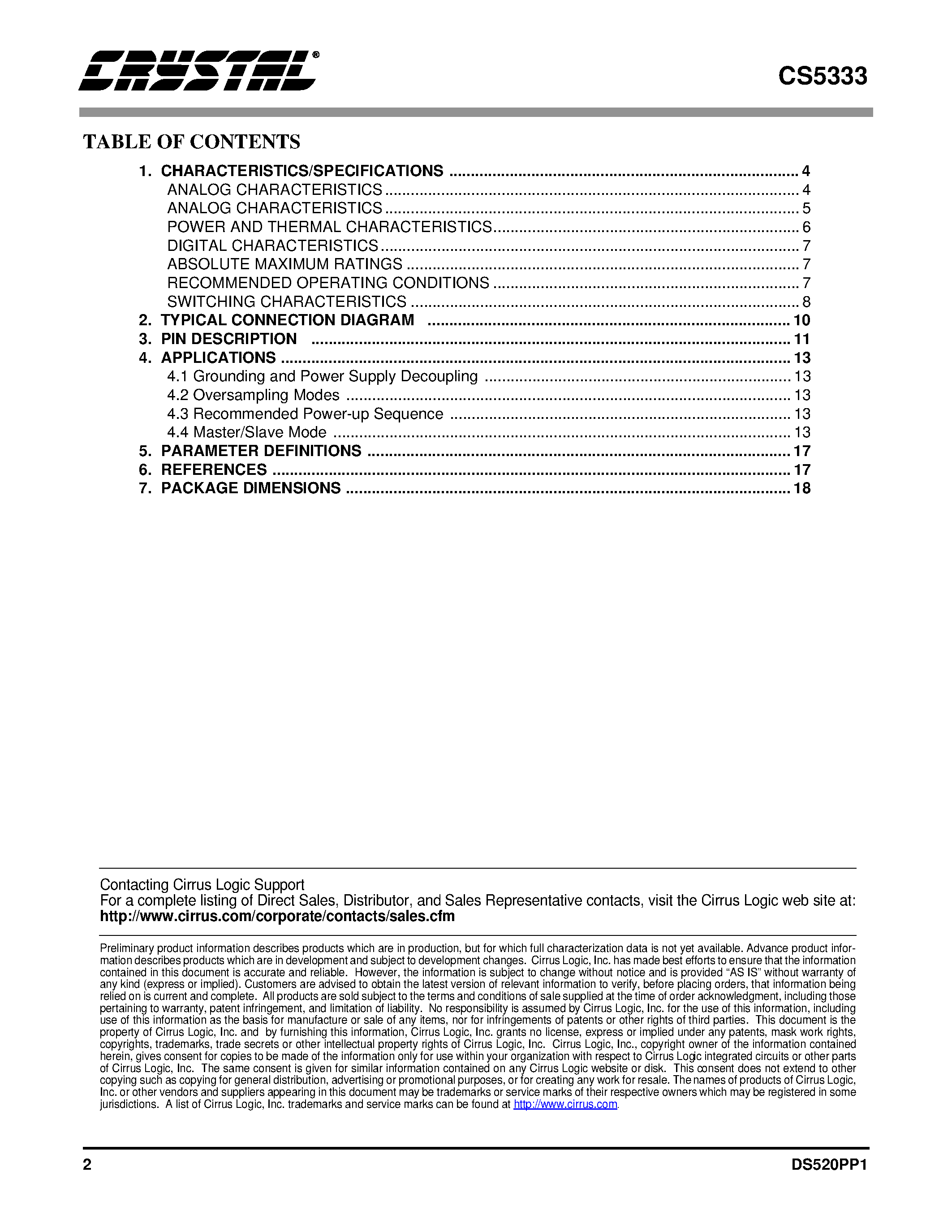 Datasheet CDB5333 - 24-Bit/ 96 kHz Stereo A/D Converter page 2