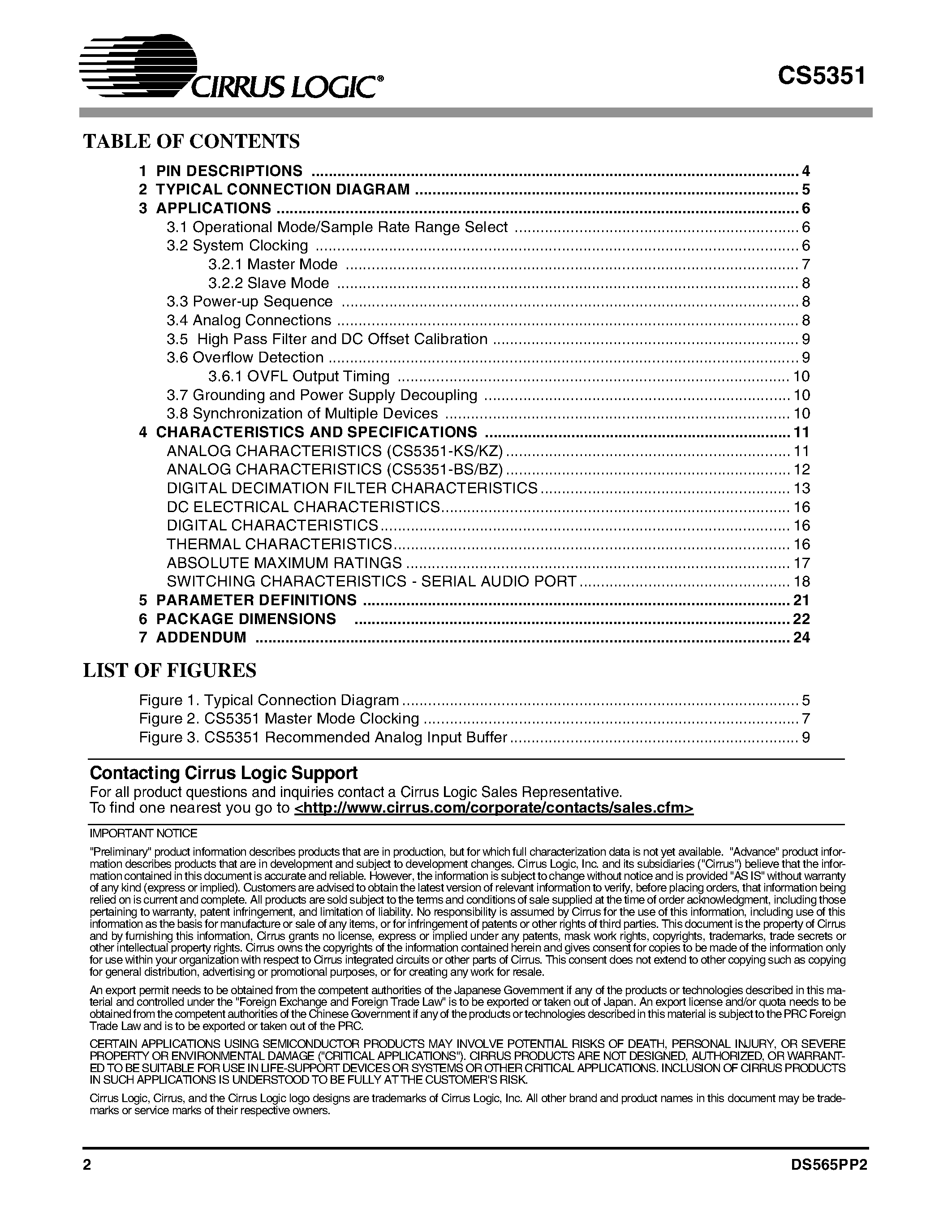 Datasheet CDB5351 - 108 dB/ 192 kHz/ Multi-Bit Audio A/D Converter page 2