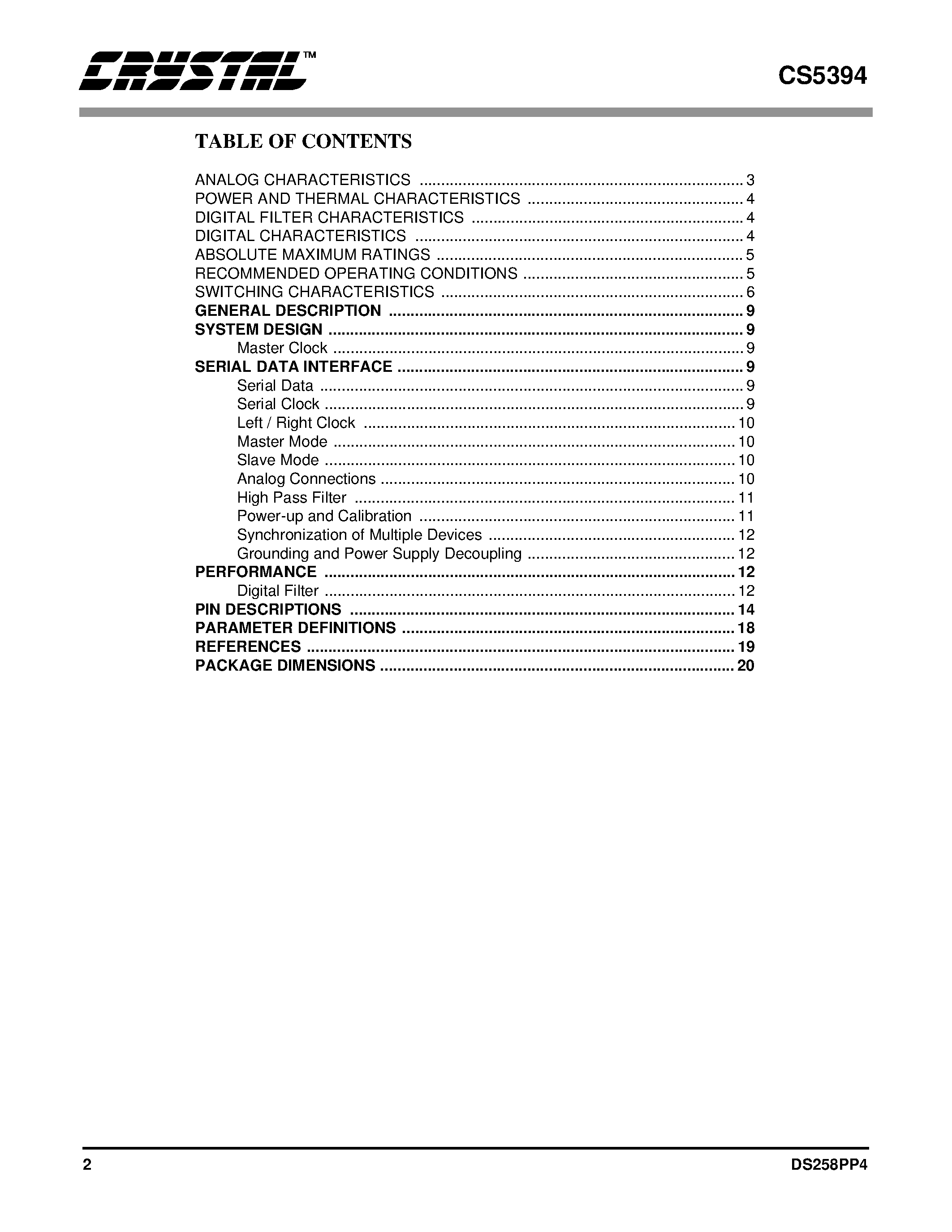 Datasheet CDB5394 - 117 DB 48KHZ AUDIO A/D CONVERTER page 2