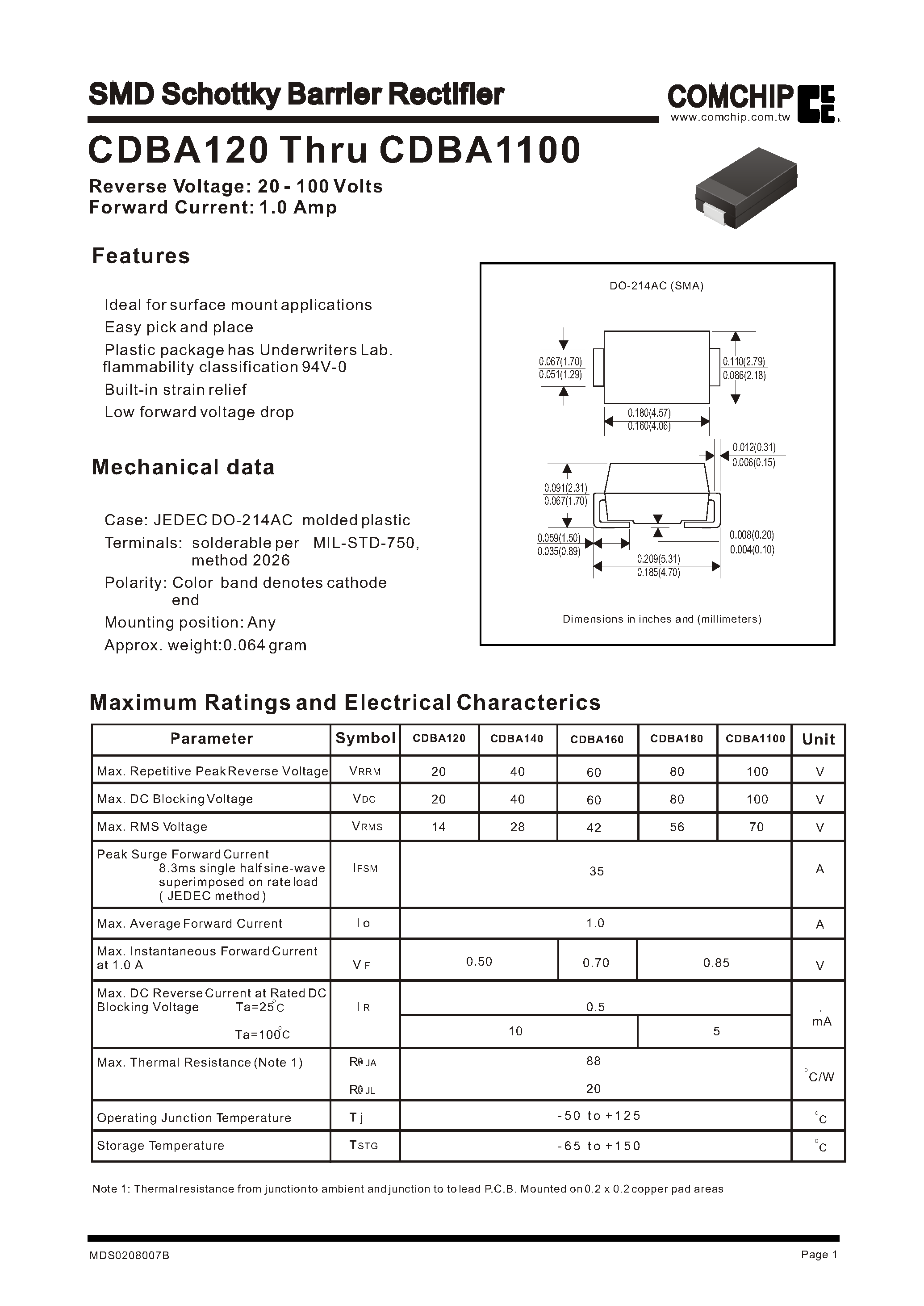 Datasheet CDBA1100 page 1 Datasheet CDBA1100 - SMD Schottky Barrier Rectifier page 1