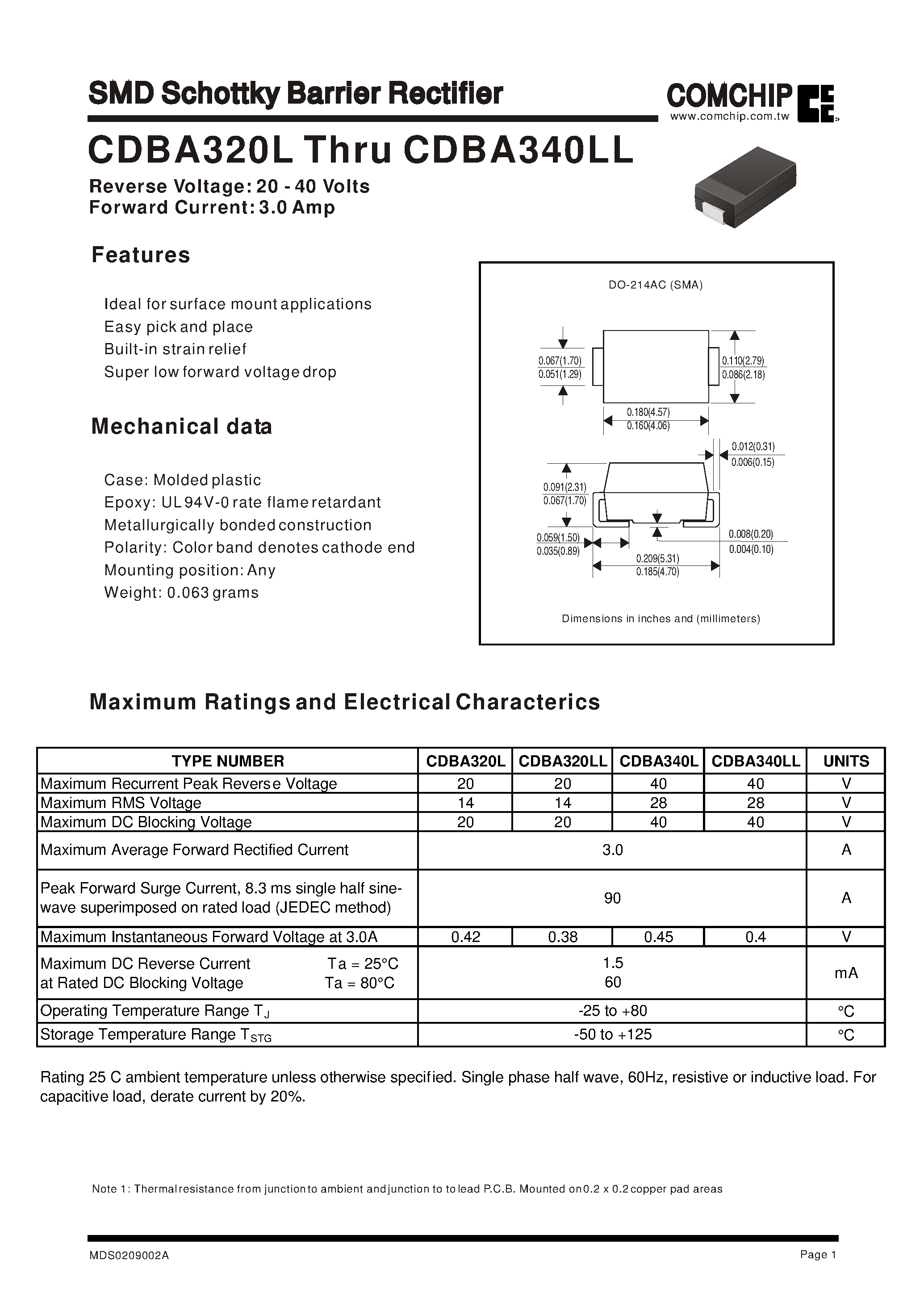 Datasheet CDBA340L page 1 Datasheet CDBA340L - SMD Schottky Barrier Rectifier page 1