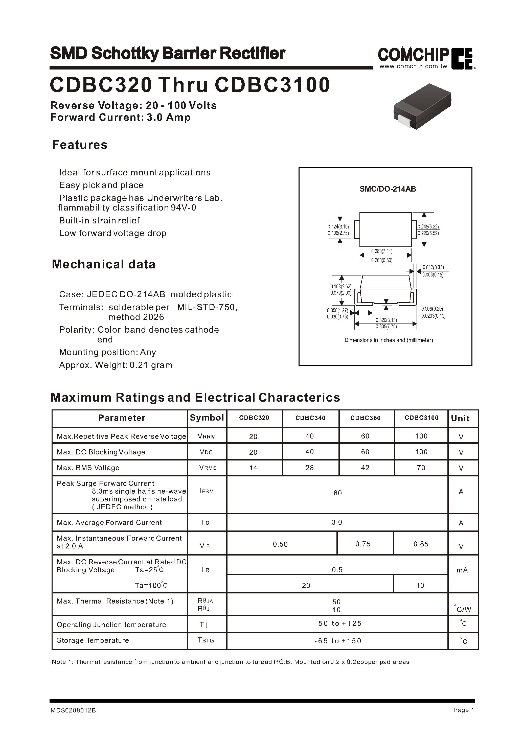 Datasheet CDBC320 - SMD Schottky Barrier Rectifier page 1