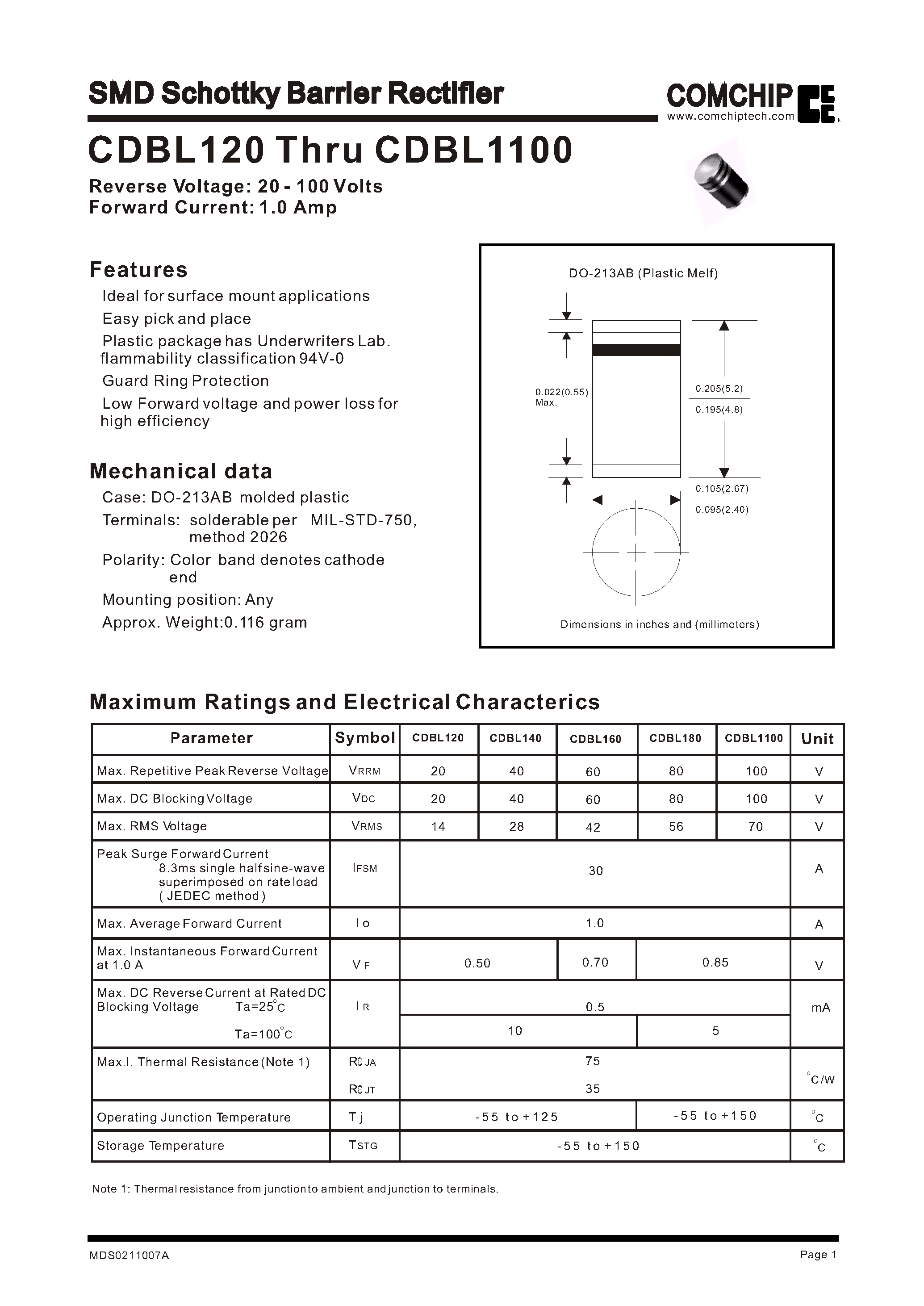 Datasheet CDBL1100 - SMD Schottky Barrier Rectifier page 1