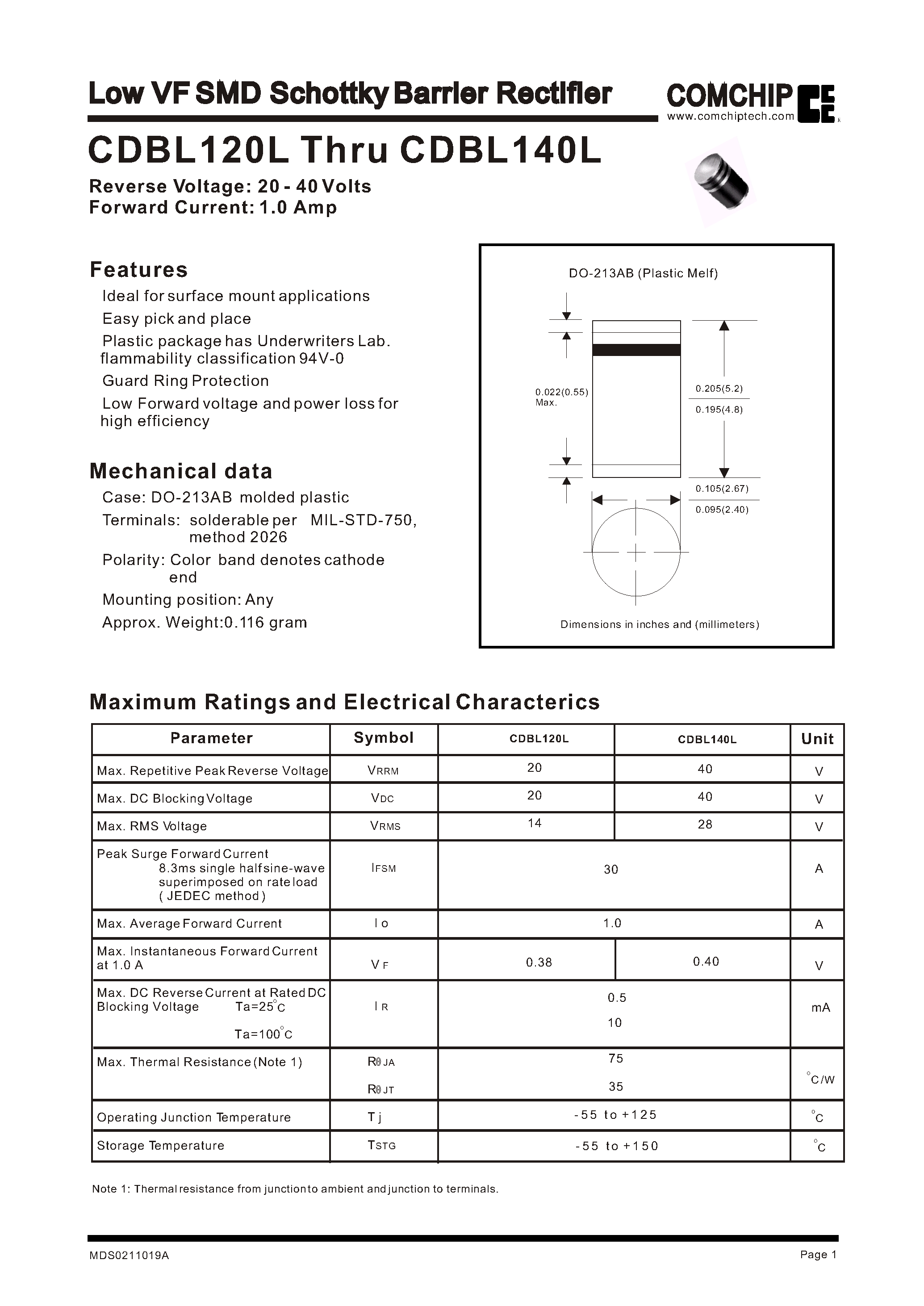 Datasheet CDBL120L page 1 Datasheet CDBL120L - Low VF SMD Schottky Barrier Rectifier page 1