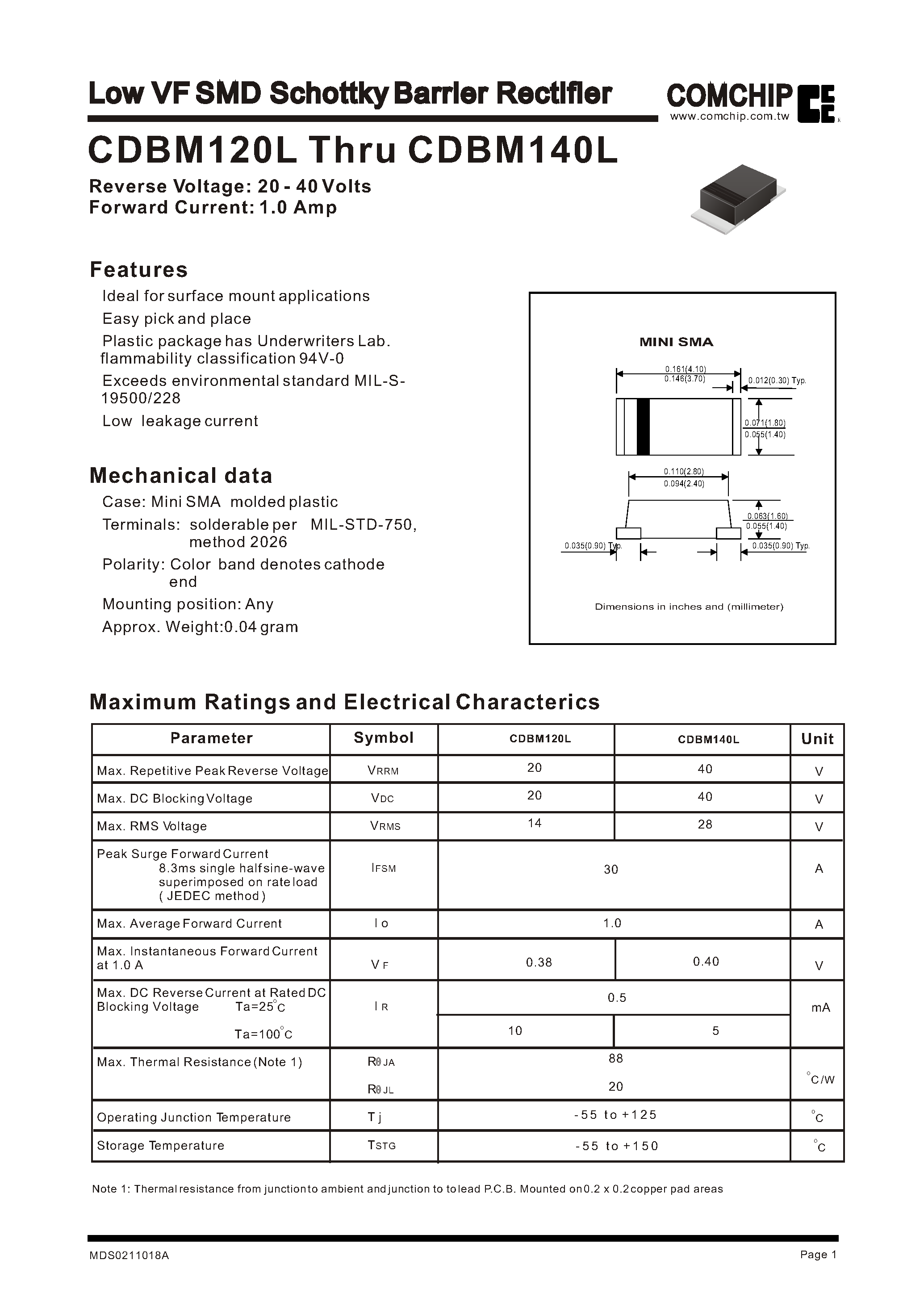 Datasheet CDBM120L page 1 Datasheet CDBM120L - Low VF SMD Schottky Barrier Rectifier page 1