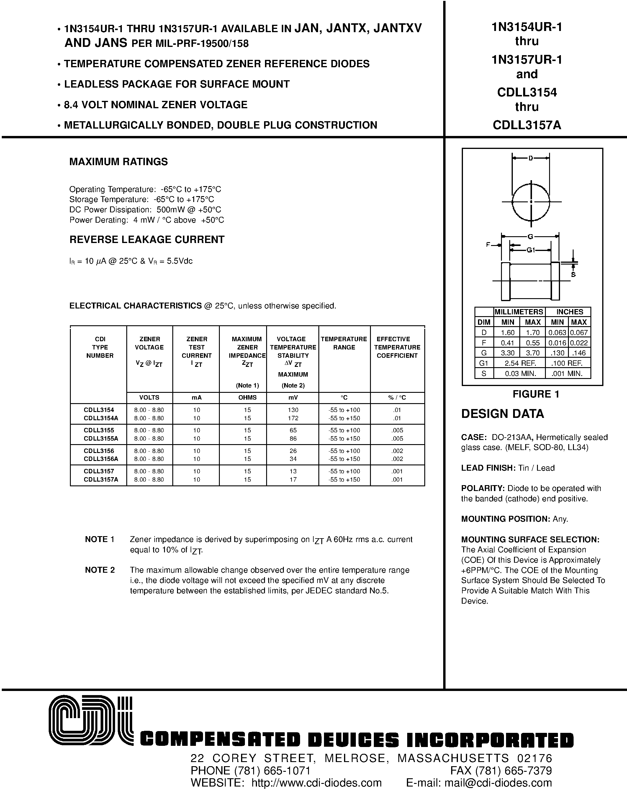 Даташит CDLL3157UR-1 - TEMPERATURE COMPENSATED ZENER REFERENCE DIODES страница 1