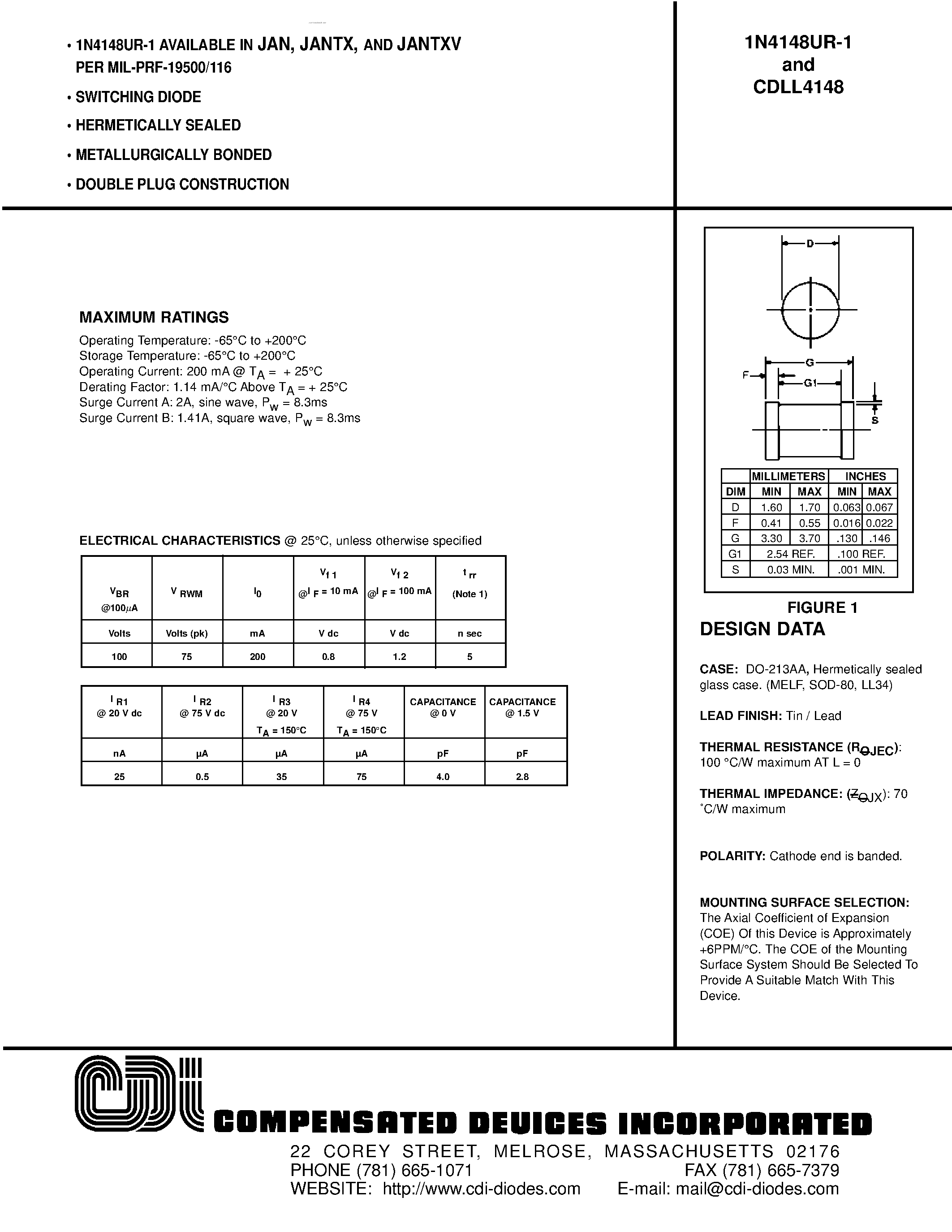Даташит CDLL4148 - SWITCHING DIODE страница 1