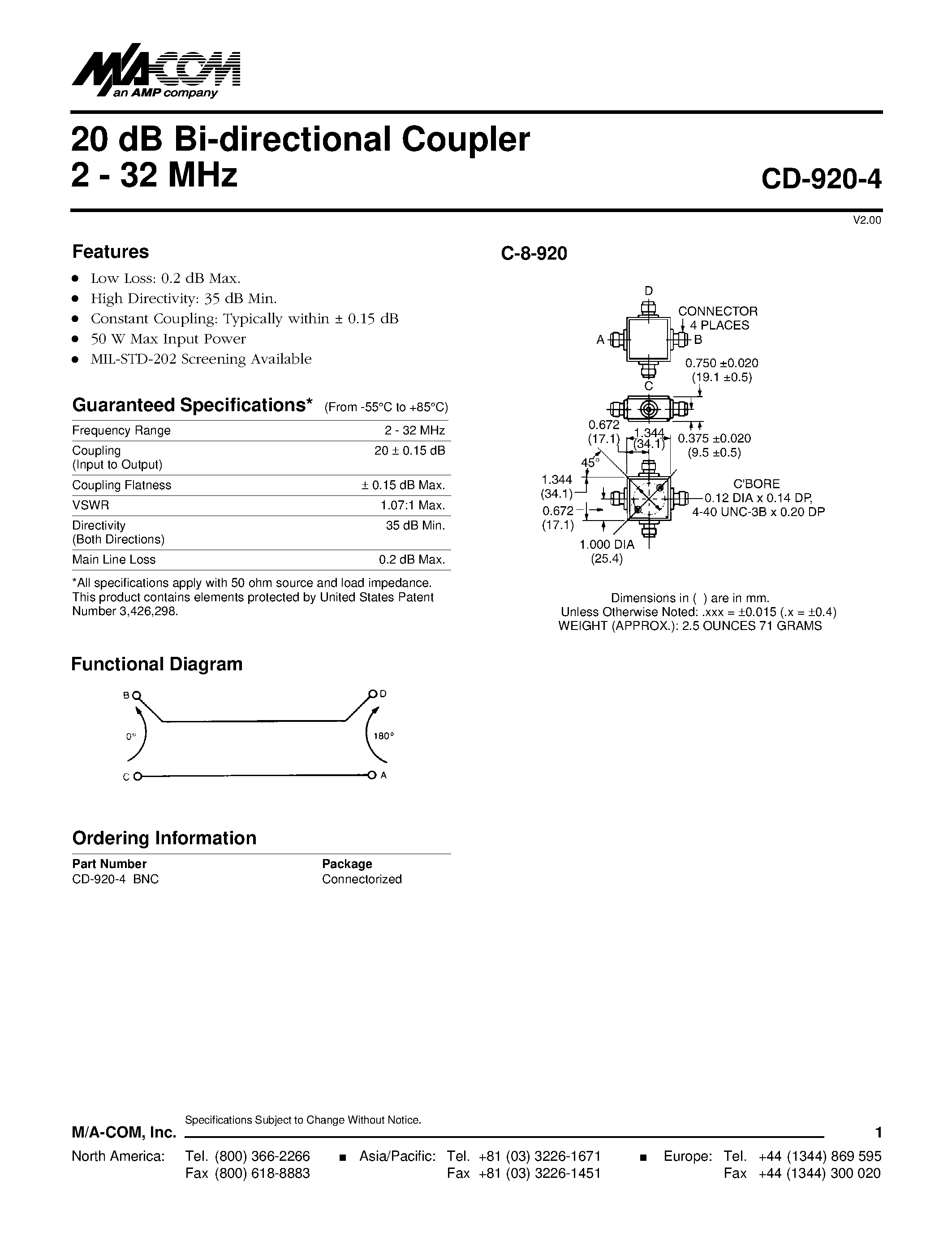 Datasheet CD-920-4 BNC - 20 dB Bi-directional Coupler 2 - 32 MHz page 1