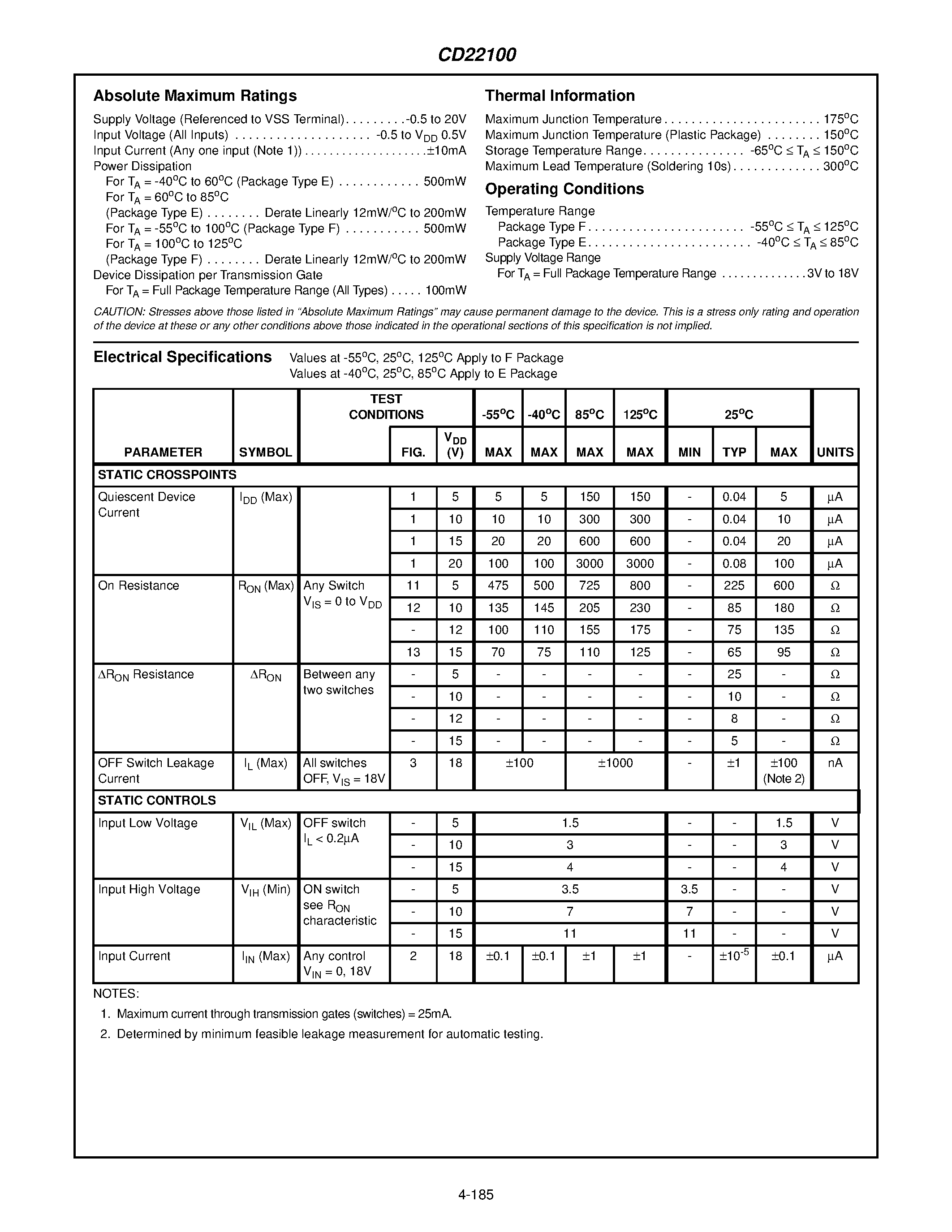 Даташит CD22100E - CMOS 4 x 4 Crosspoint Switch with Control Memory High-Voltage Type (20V Rating) страница 2