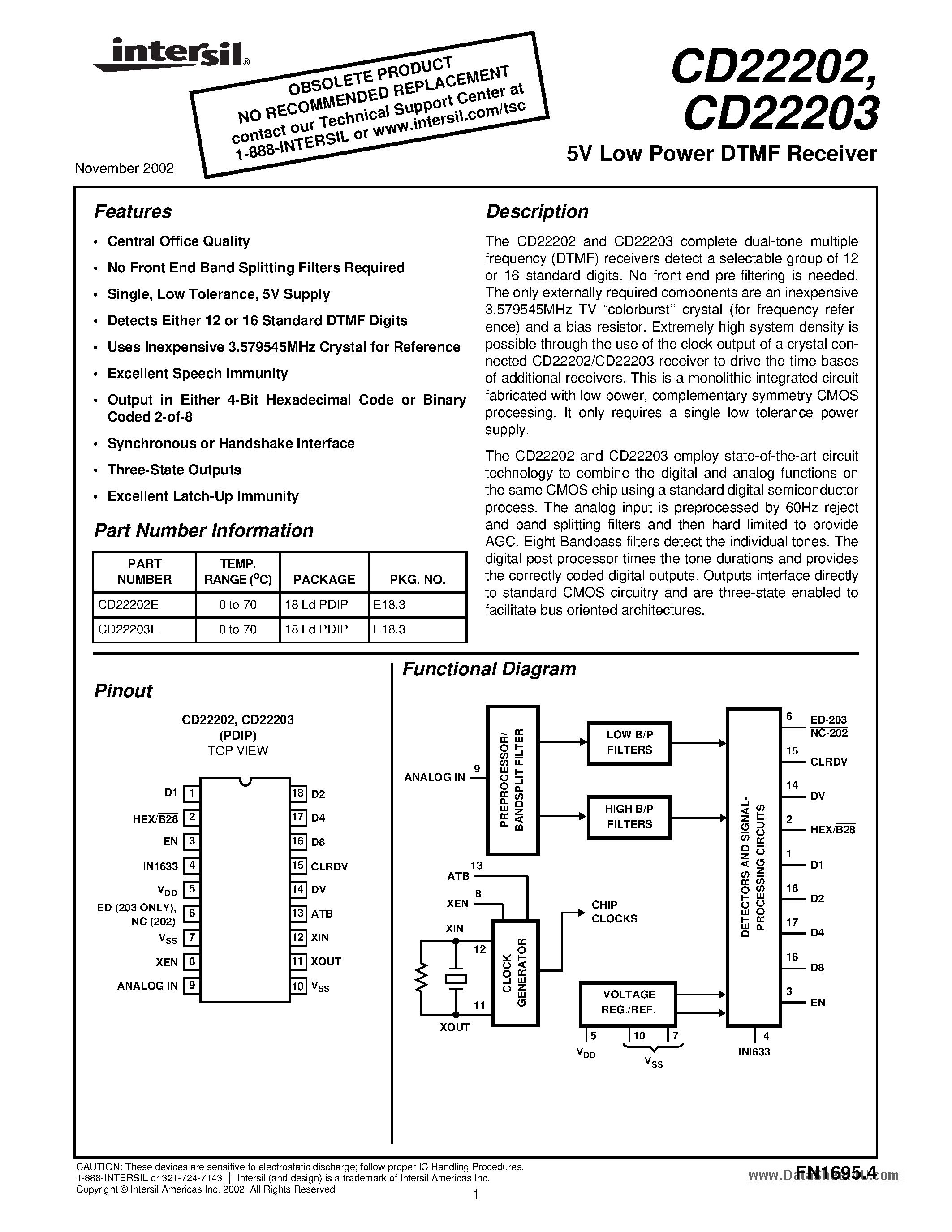Даташит на микросхему CD22202 страница 1 Даташит CD22202 - 5V Low Power DTMF Receiver страница 1