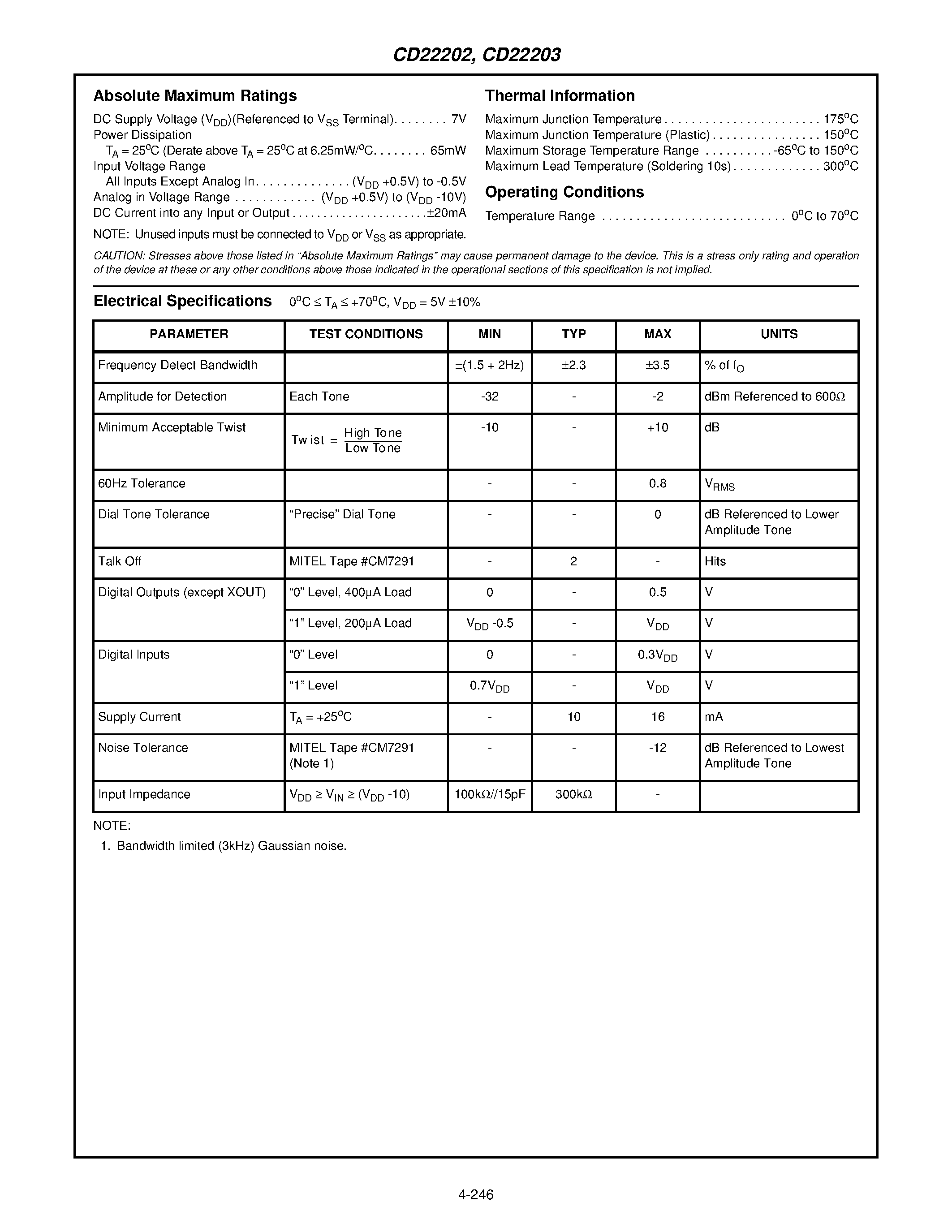Даташит CD22203 - 5V Low Power DTMF Receiver страница 2