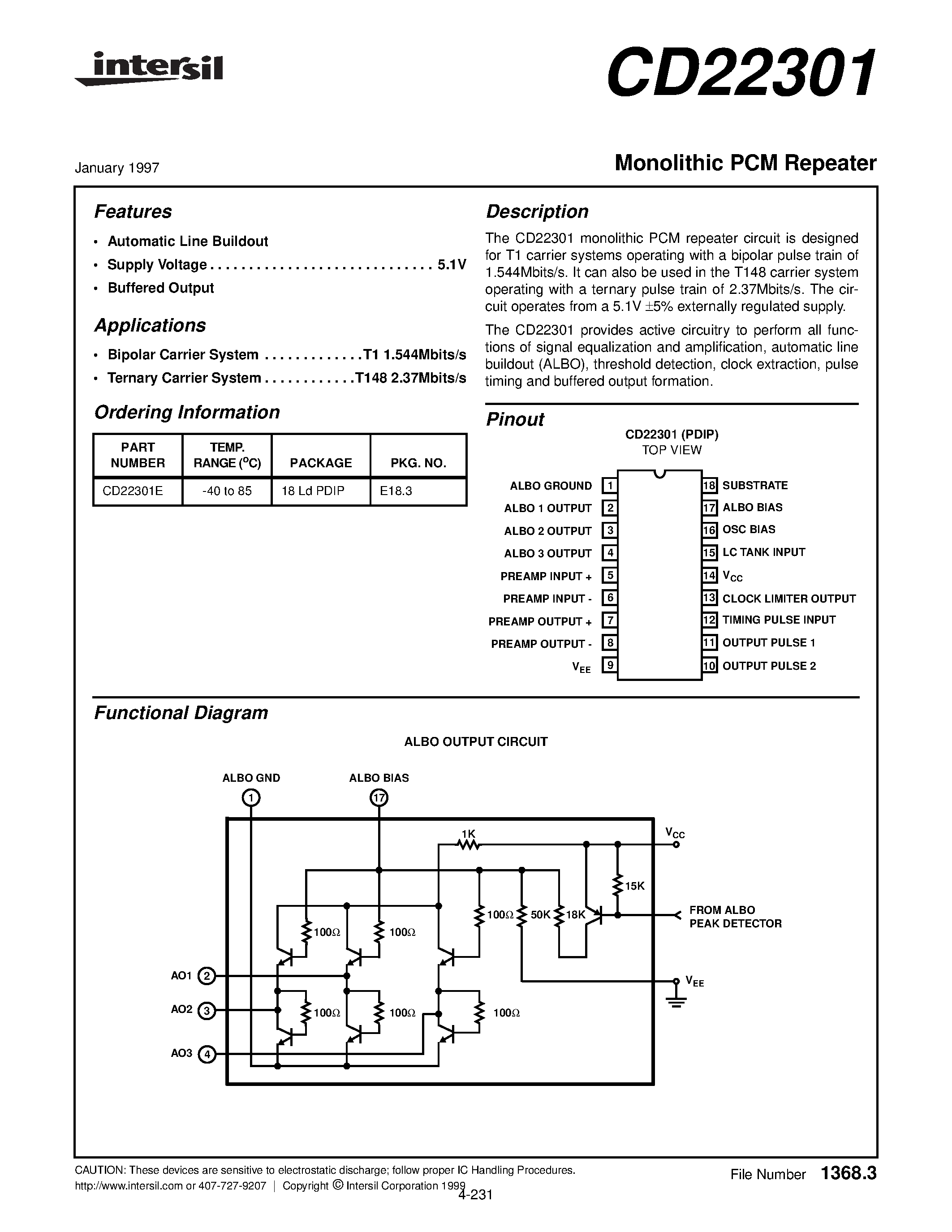 Даташит на микросхему CD22301E страница 1 Даташит CD22301E - Monolithic PCM Repeater страница 1