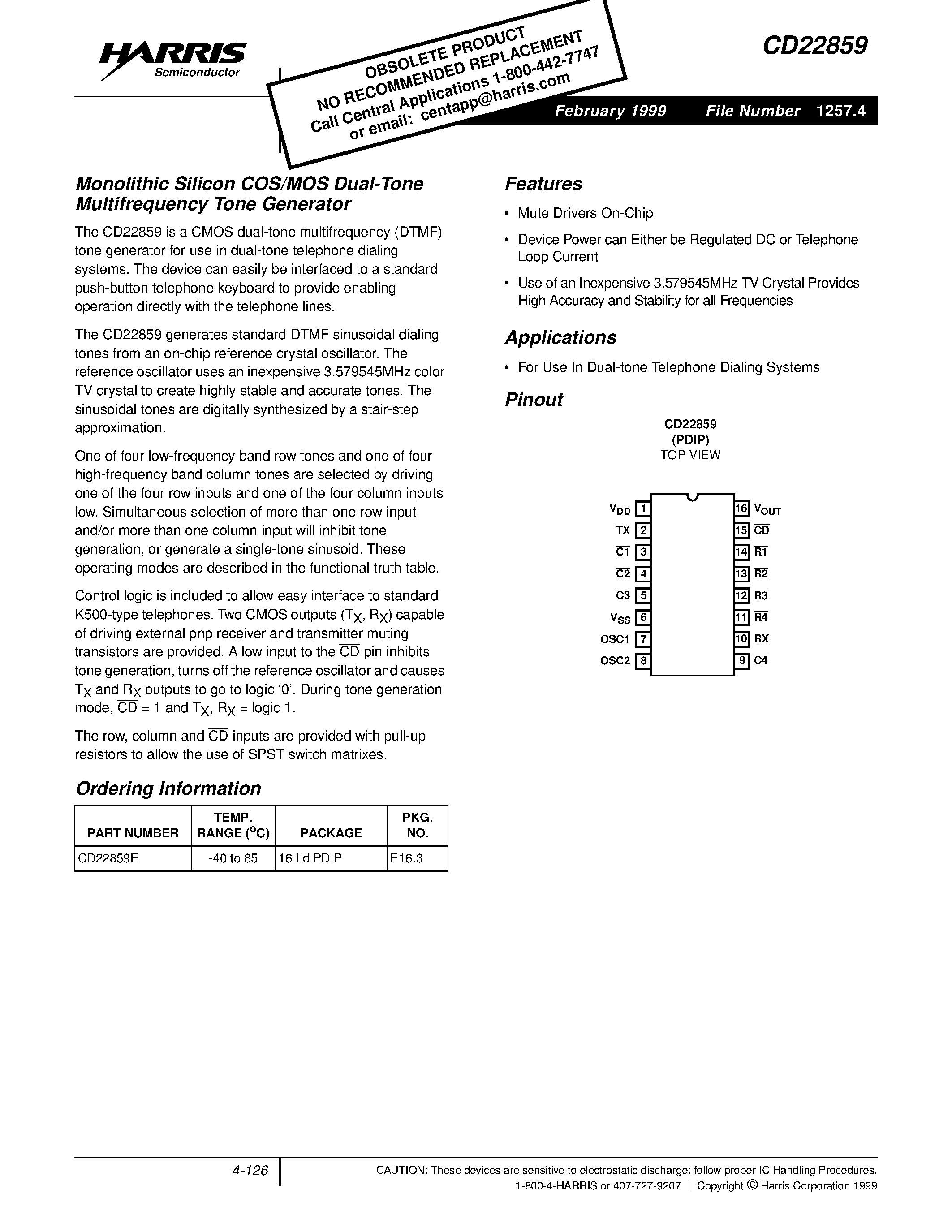 Даташит на микросхему CD22859E страница 1 Даташит CD22859E - Monolithic Silicon COS/MOS Dual-Tone Multifrequency Tone Generator страница 1