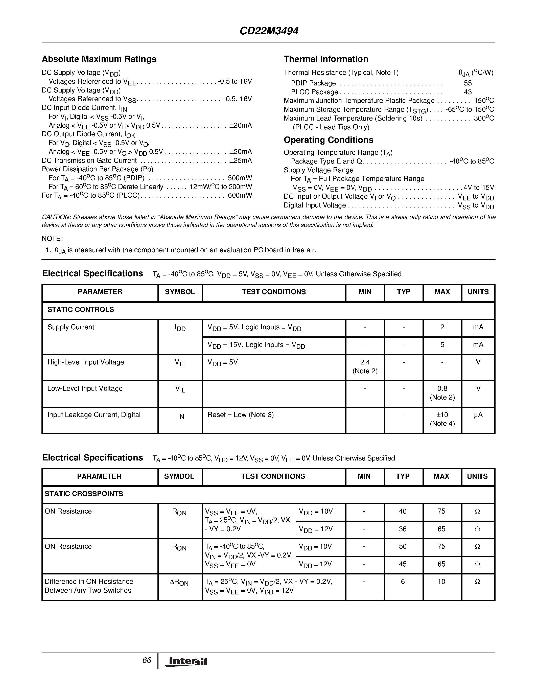 Datasheet CD22M3494 - 16 x 8 x 1 BiMOS-E Crosspoint Switch page 2