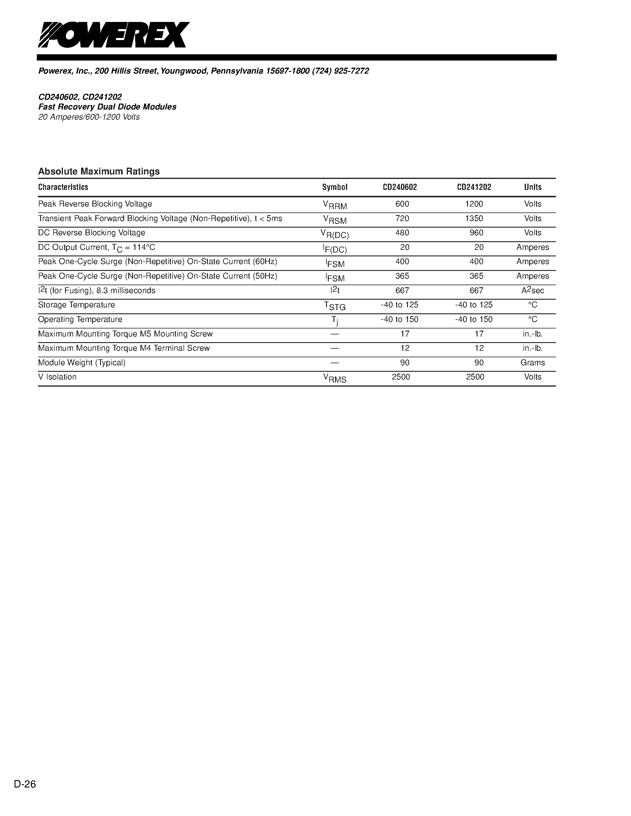 Datasheet CD240602 - Fast Recovery Dual Diode Modules 20 Amperes/600-1200 Volts page 2