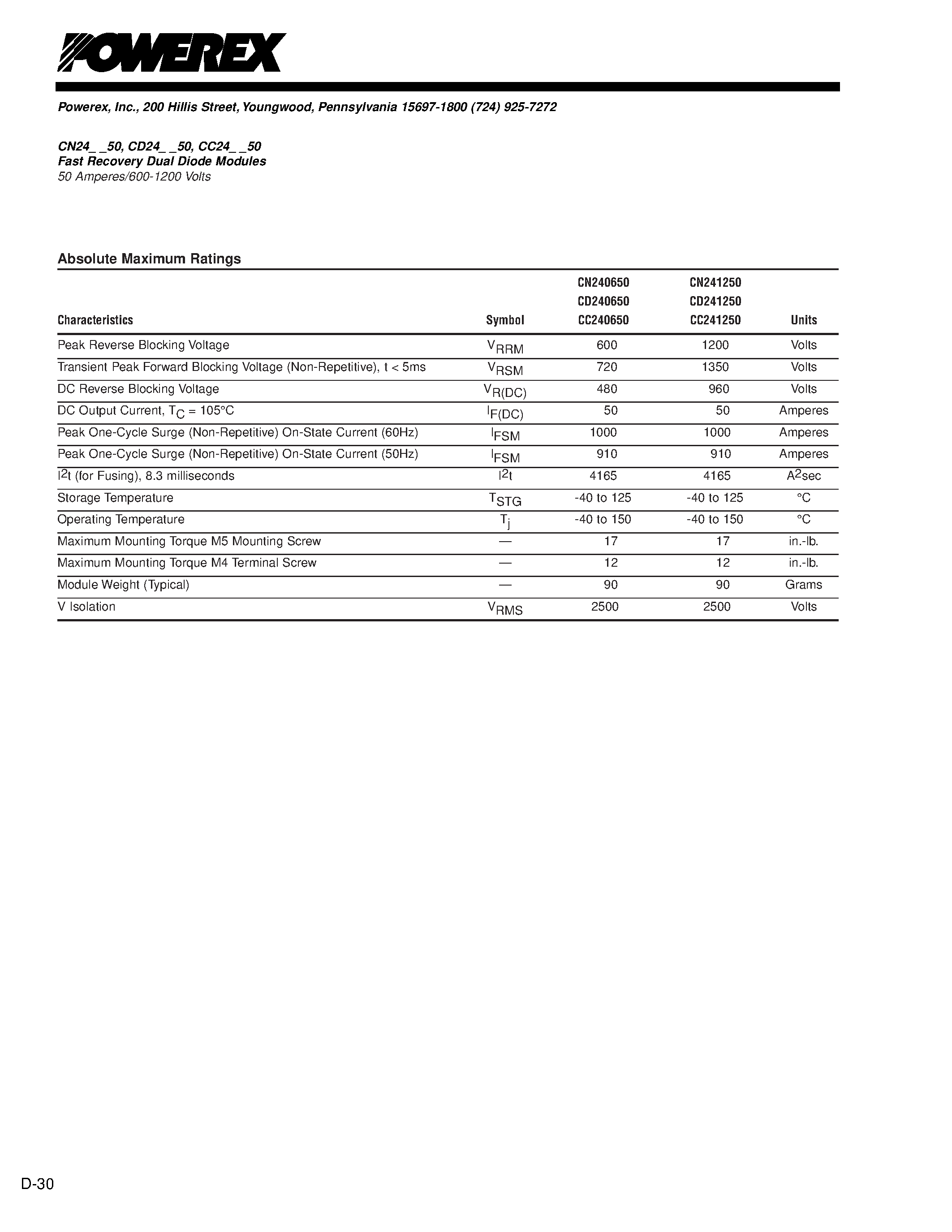 Datasheet CD240650 - Fast Recovery Dual Diode Modules 50 Amperes/600-1200 Volts page 2