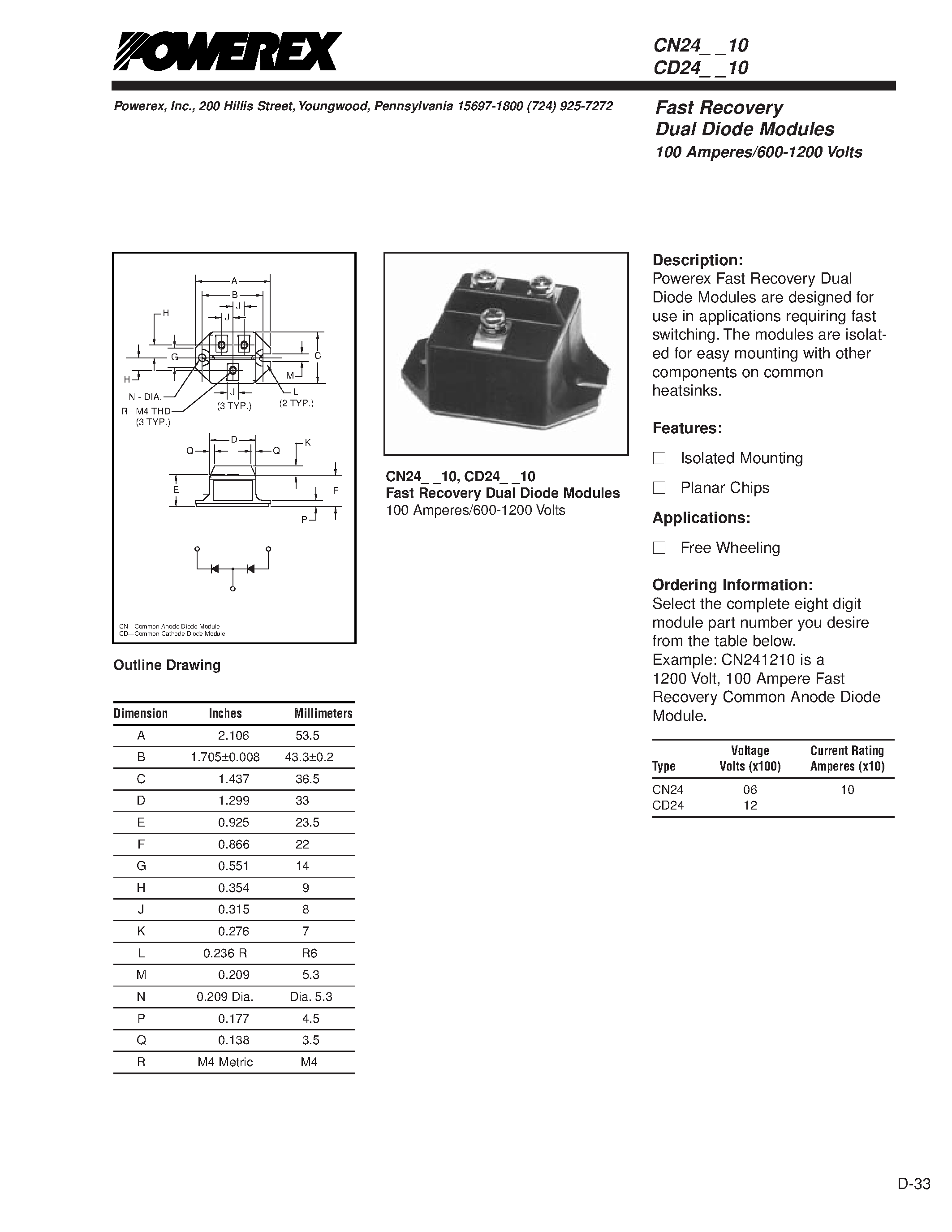 Datasheet CD241210 page 1 Datasheet CD241210 - Fast Recovery Dual Diode Modules 100 Amperes/600-1200 Volts page 1