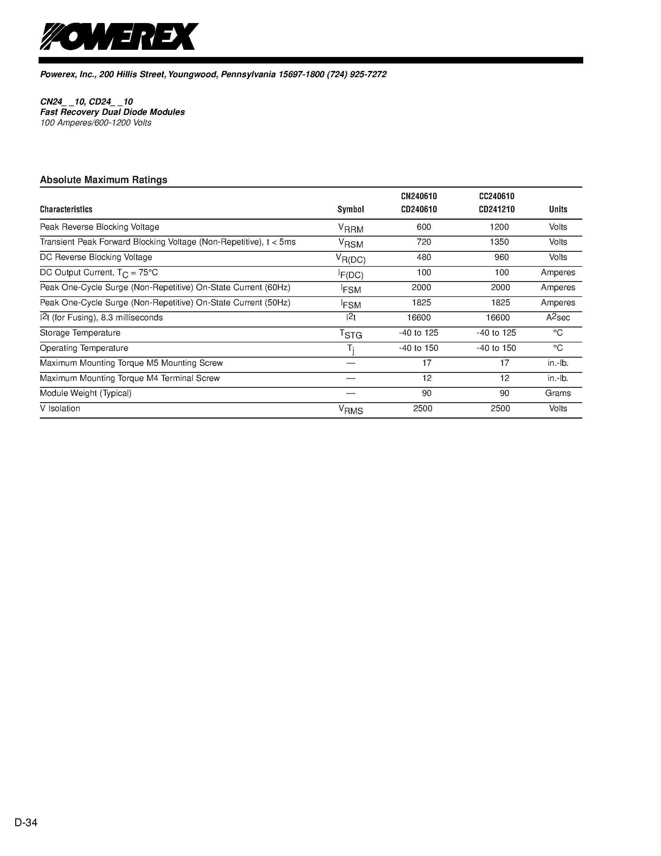Datasheet CD241210 page 2 Datasheet CD241210 - Fast Recovery Dual Diode Modules 100 Amperes/600-1200 Volts page 2