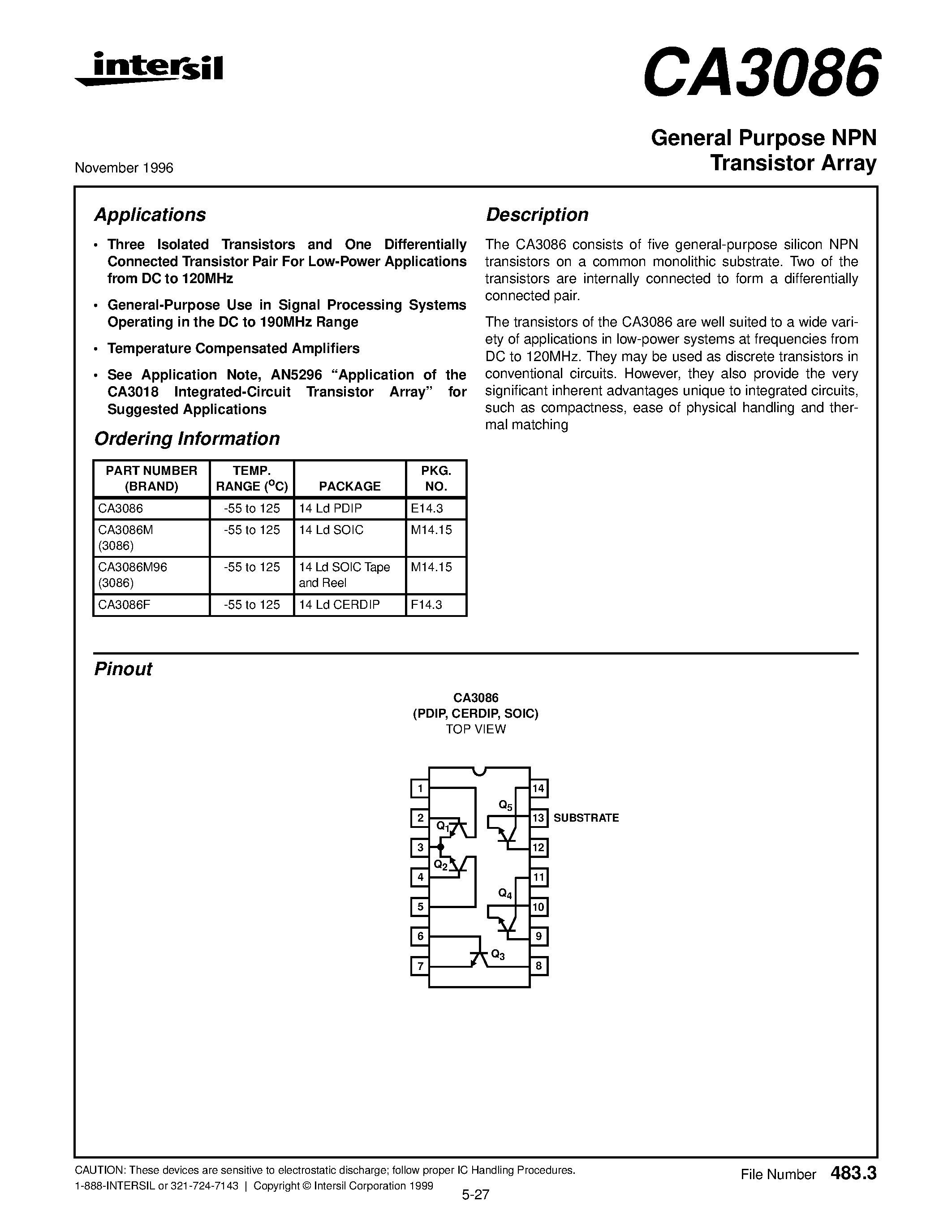 Даташит CD3086 - General Purpose NPN Transistor Array страница 1