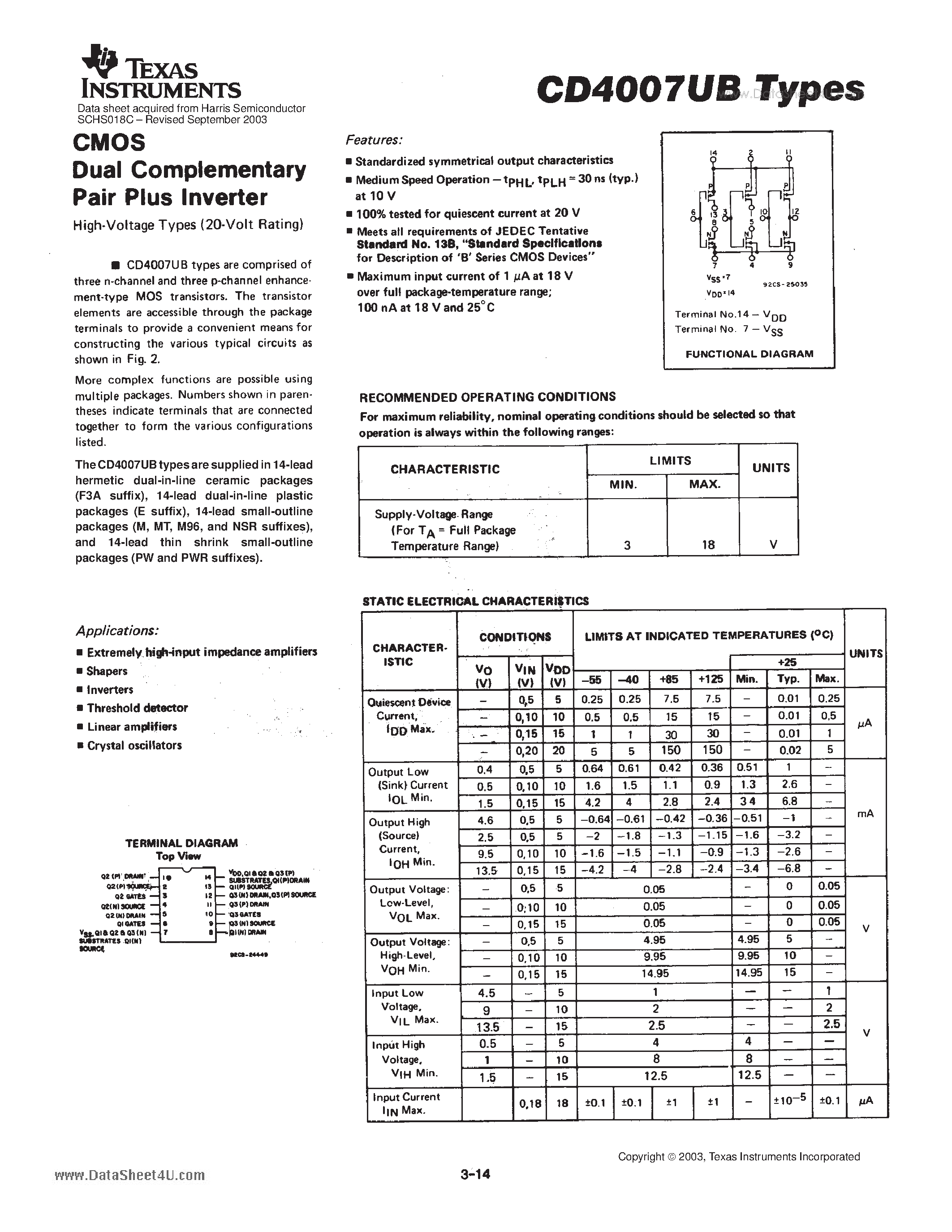 Datasheet CD4007 page 1 Datasheet CD4007 - Dual Complementary Pair Plus Inverter page 1