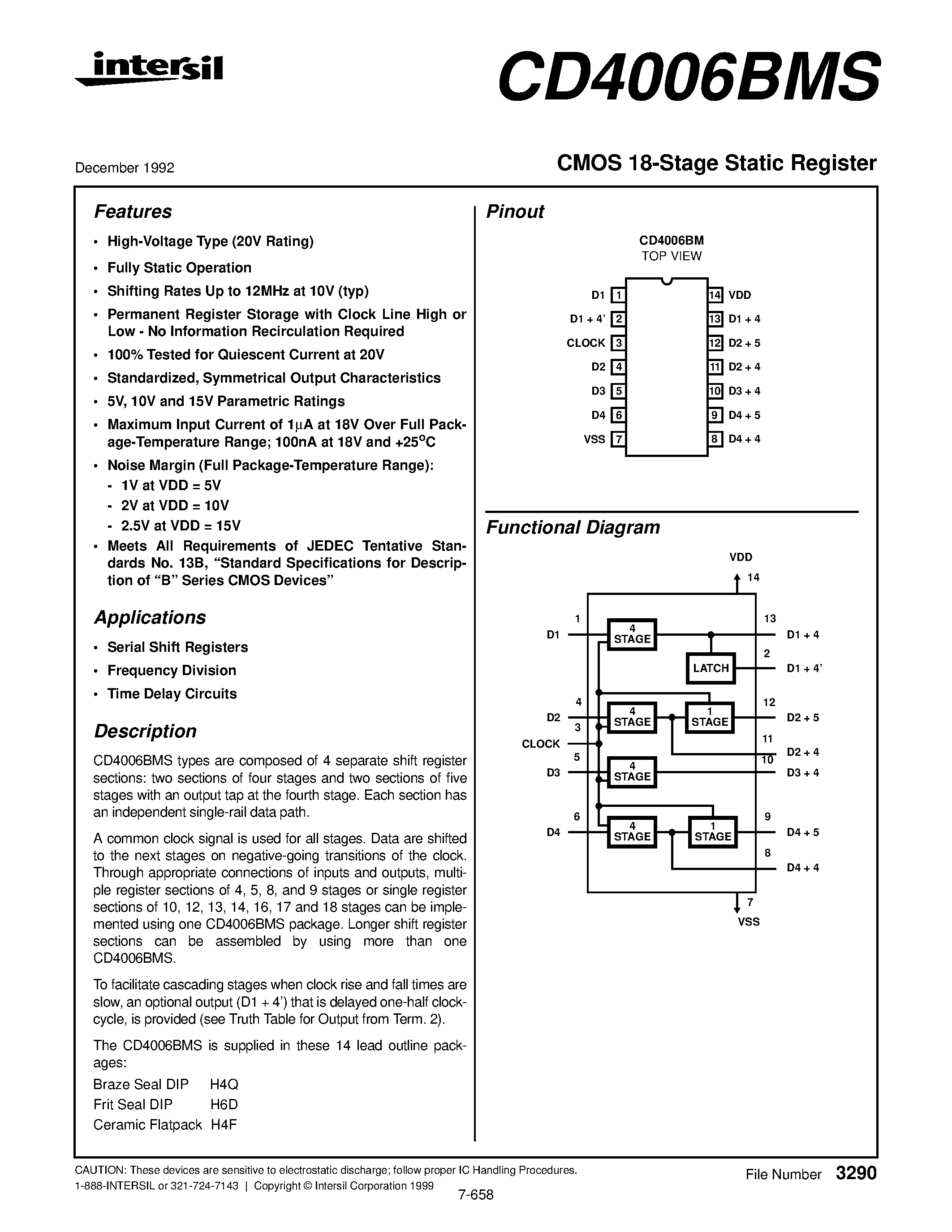 Даташит на микросхему CD4006BM страница 1 Даташит CD4006BM - 18-Stage Static Shift Register страница 1