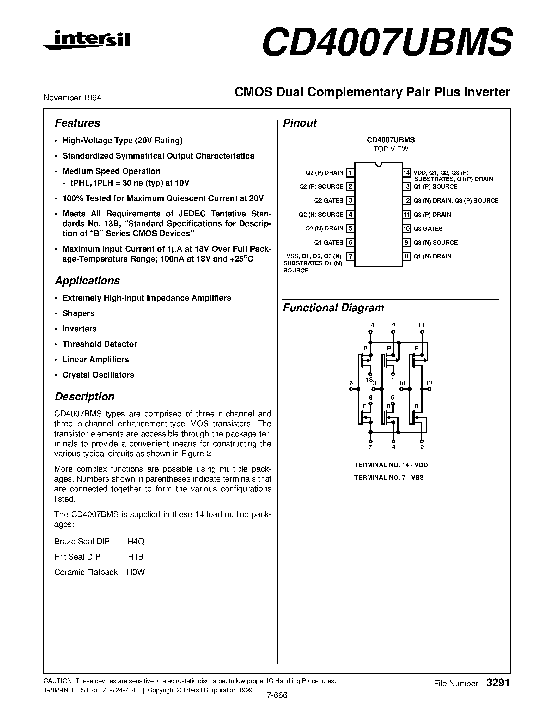 Даташит CD4007C-Dual Complementary Pair Plus Inverter страница 1. Даташит н...