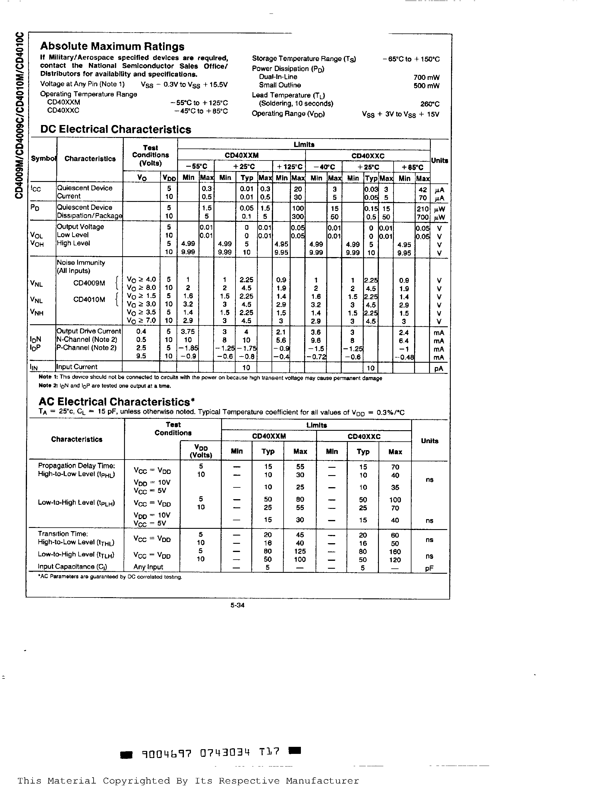 Datasheet CD4009C page 2 Datasheet CD4009C - Hex Buffers (Inverting) page 2