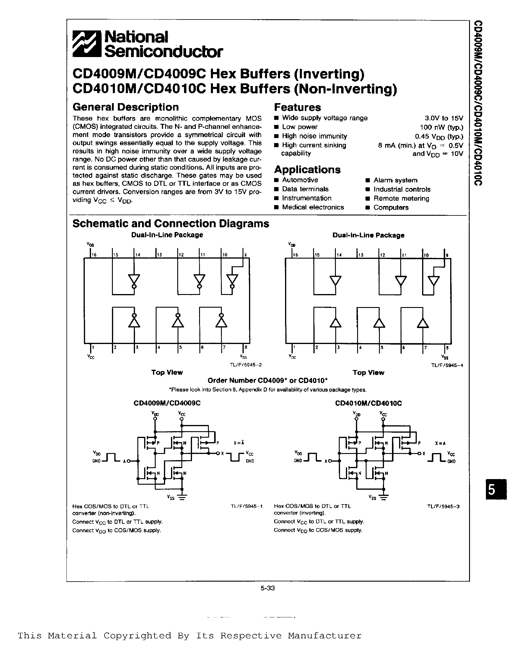 Datasheet CD4009M page 1 Datasheet CD4009M - Hex Buffers (Inverting) page 1