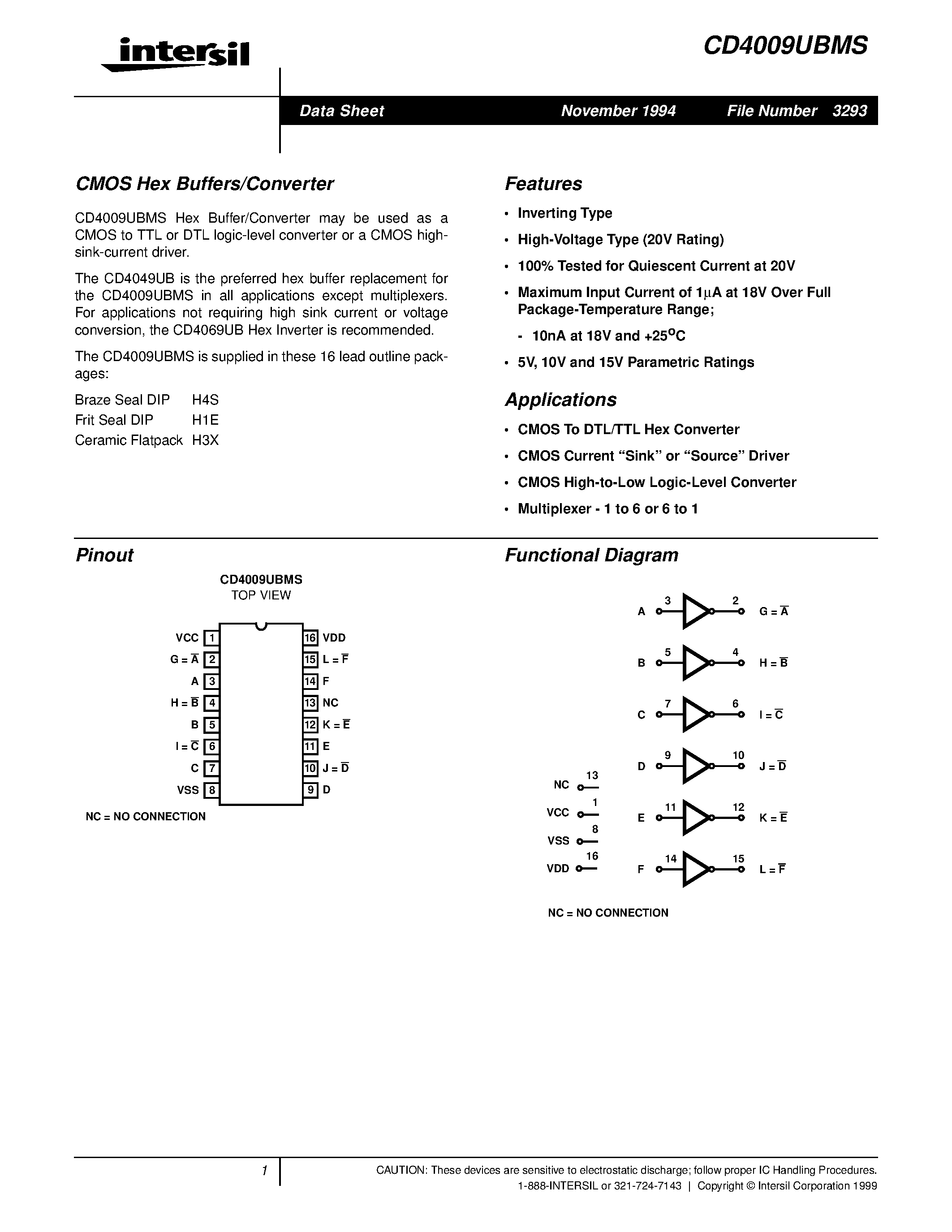 Datasheet CD4009UBMS page 1 Datasheet CD4009UBMS - CMOS Hex Buffers/Converter page 1