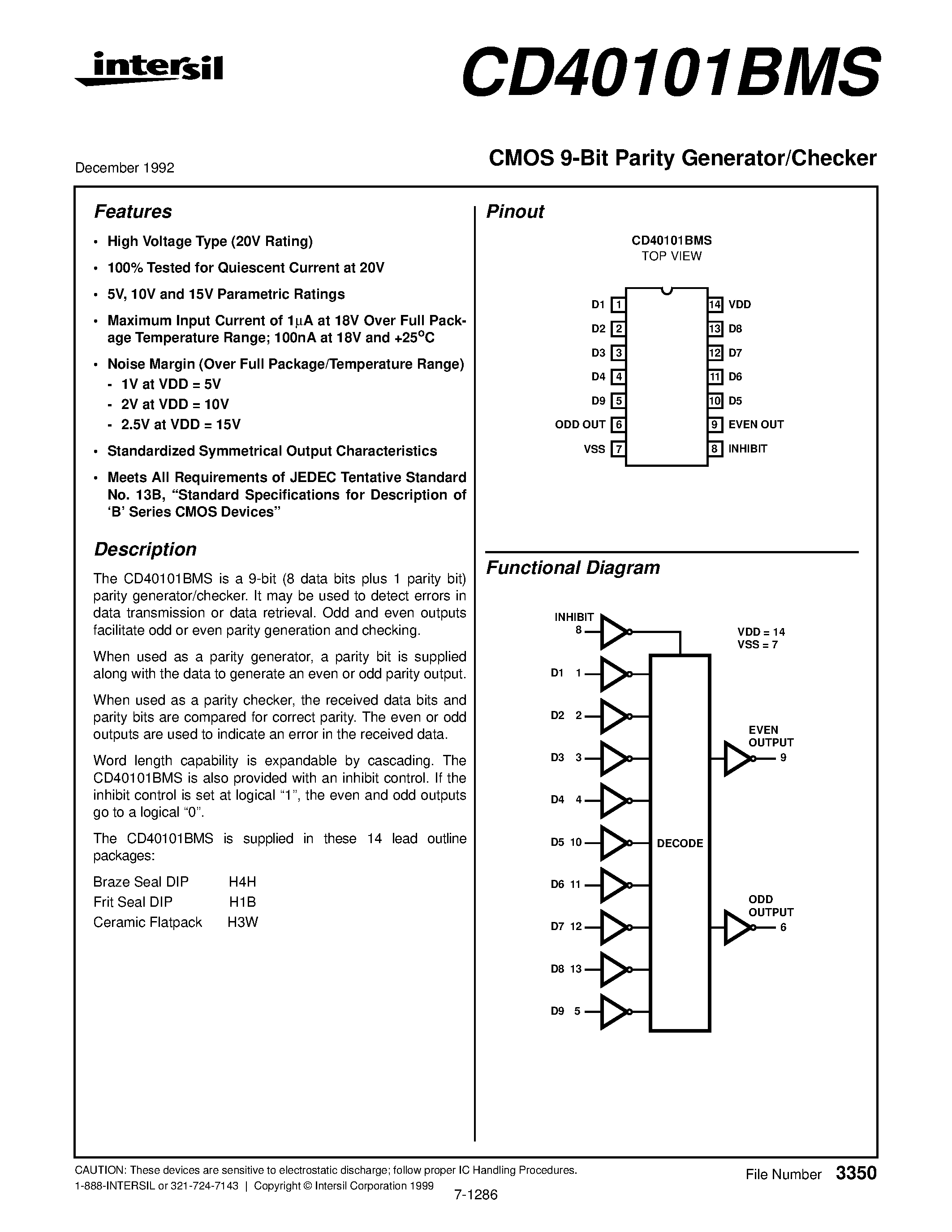 Даташит CD40101BMS - CMOS 9-Bit Parity Generator/Checker страница 1